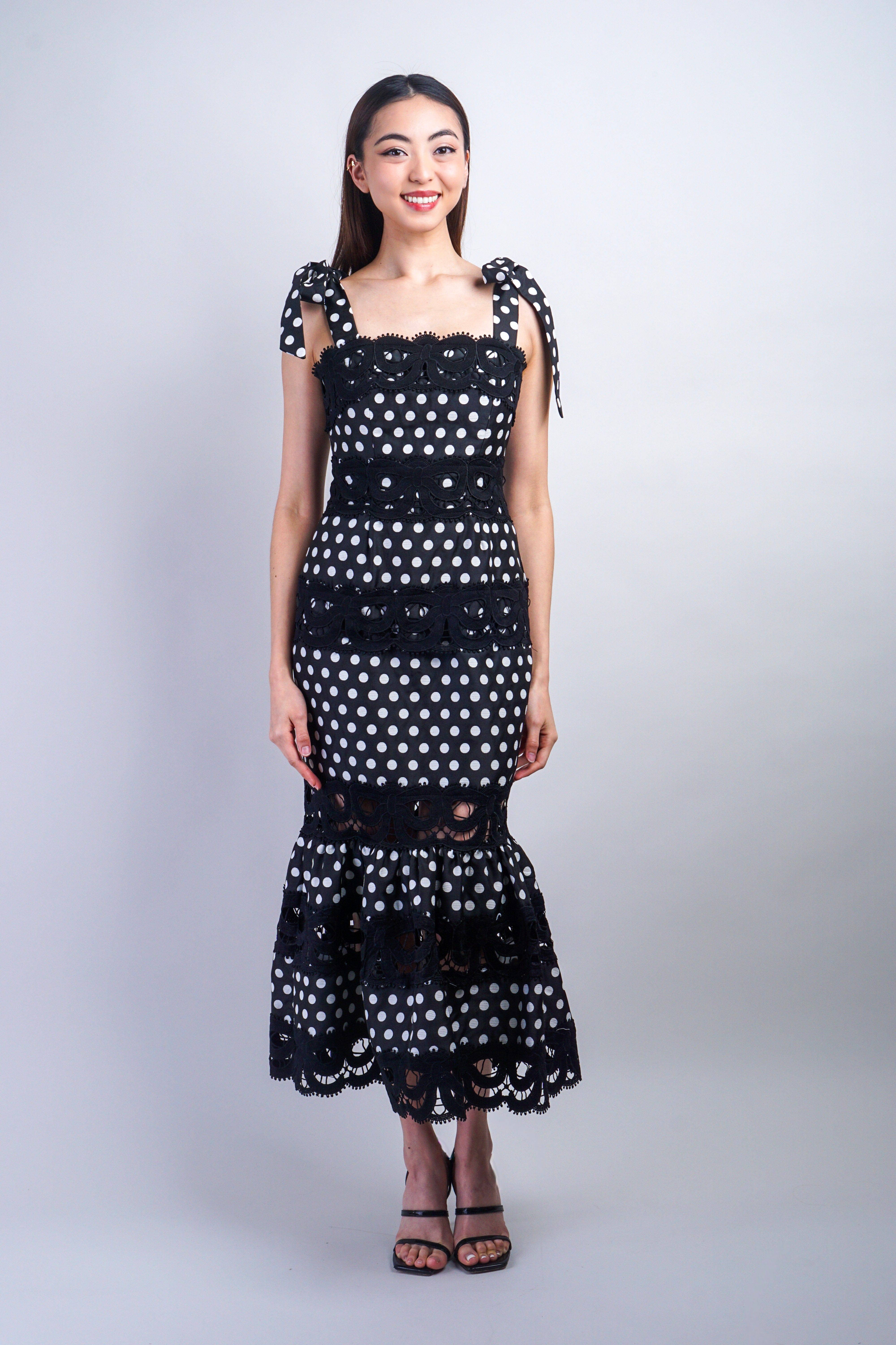 Private Label DRESSES Polka Dot Lace Trim Midi Dress
