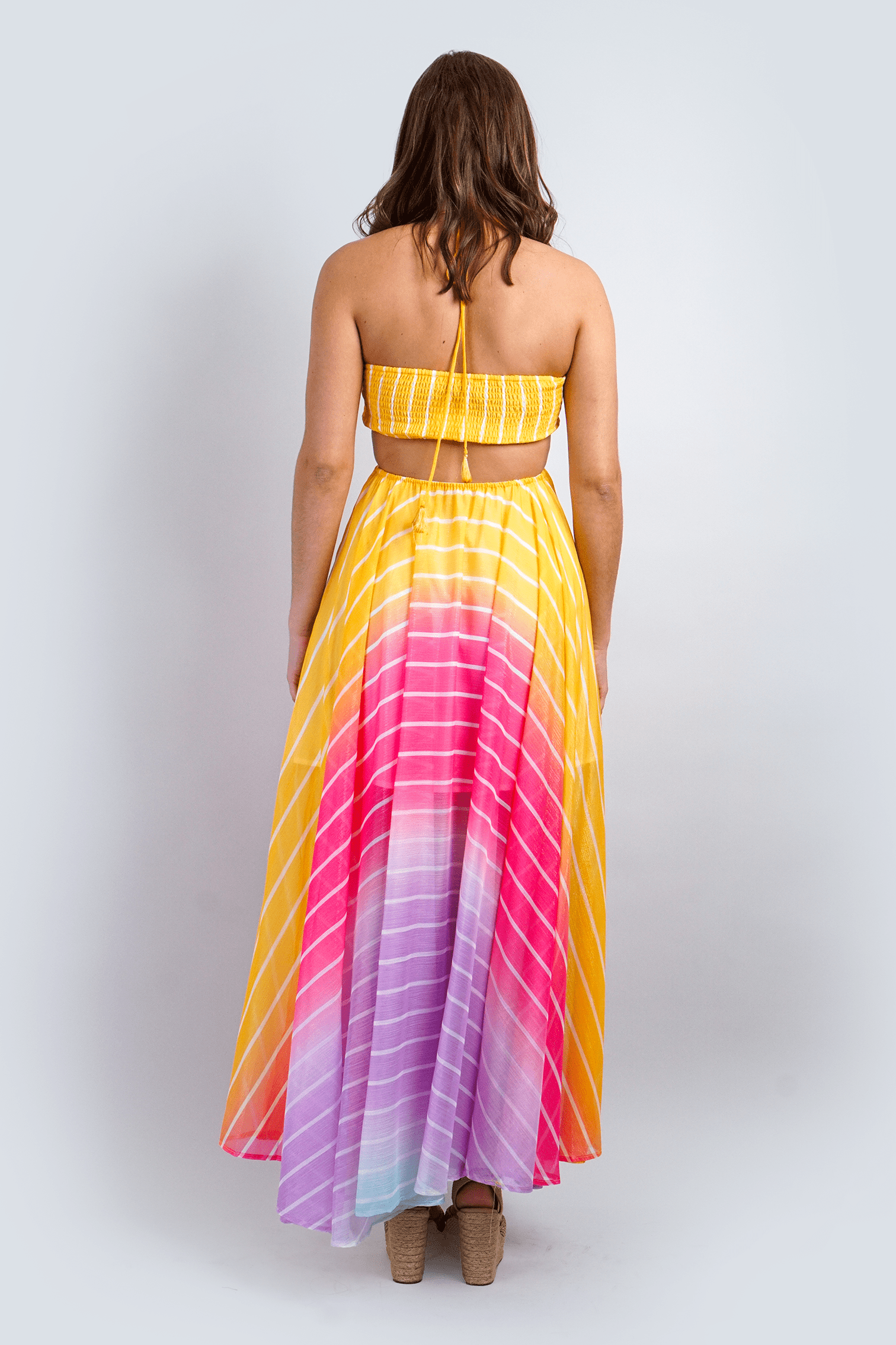 DCD DRESSES Rainbow Ombre Stripe Halter Maxi