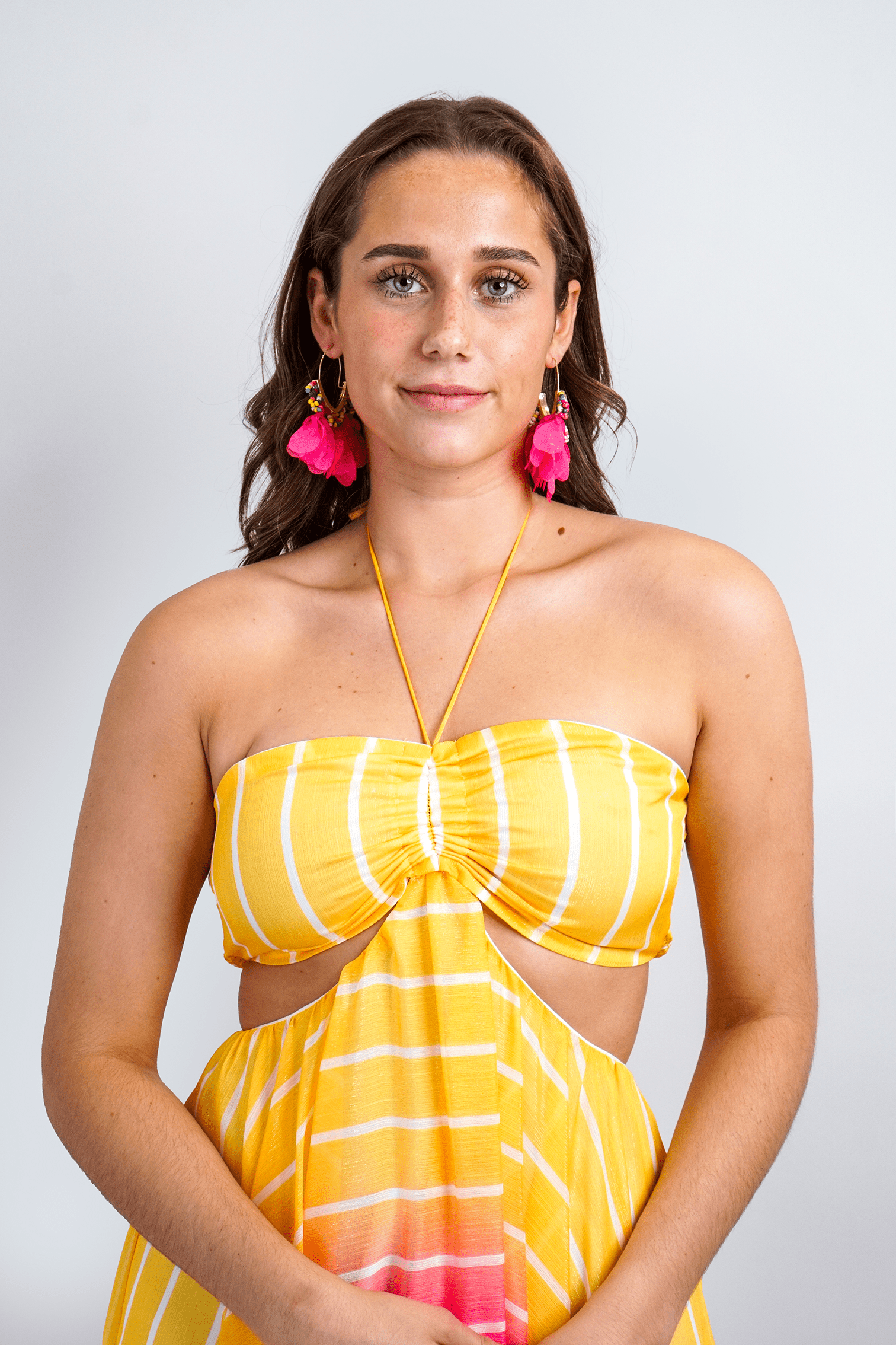 DCD DRESSES Rainbow Ombre Stripe Halter Maxi