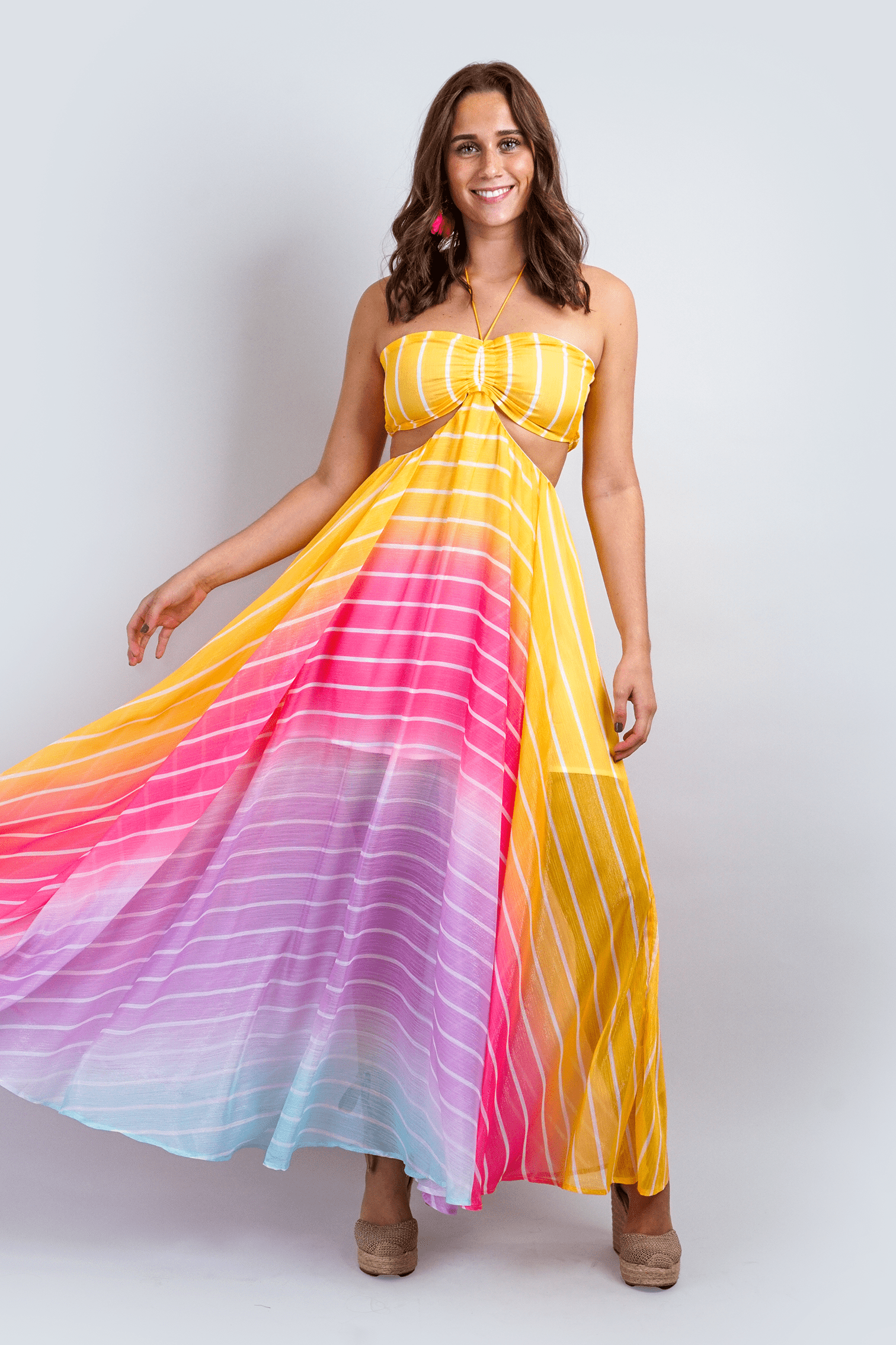 DCD DRESSES Rainbow Ombre Stripe Halter Maxi
