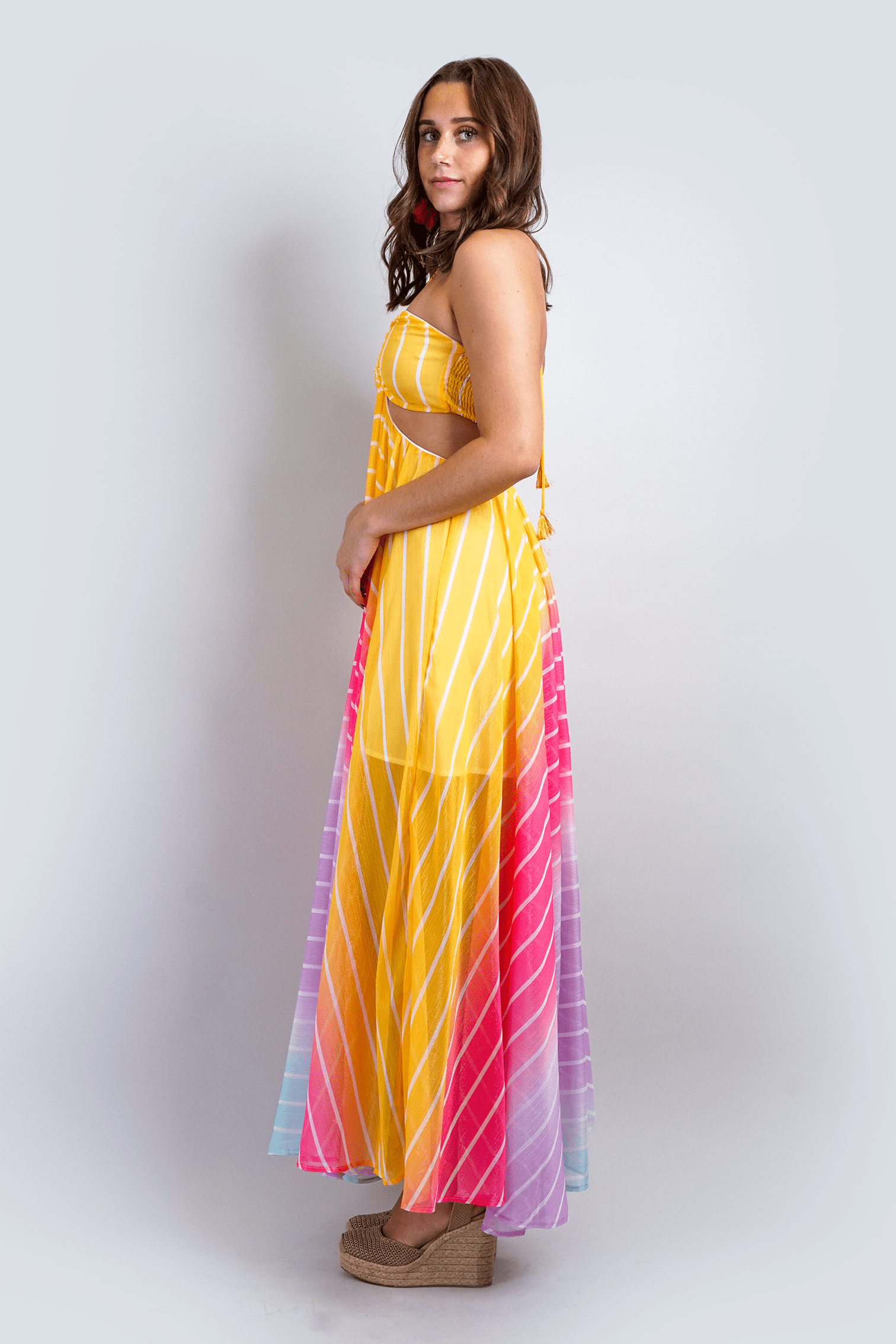 DCD DRESSES Rainbow Ombre Stripe Halter Maxi