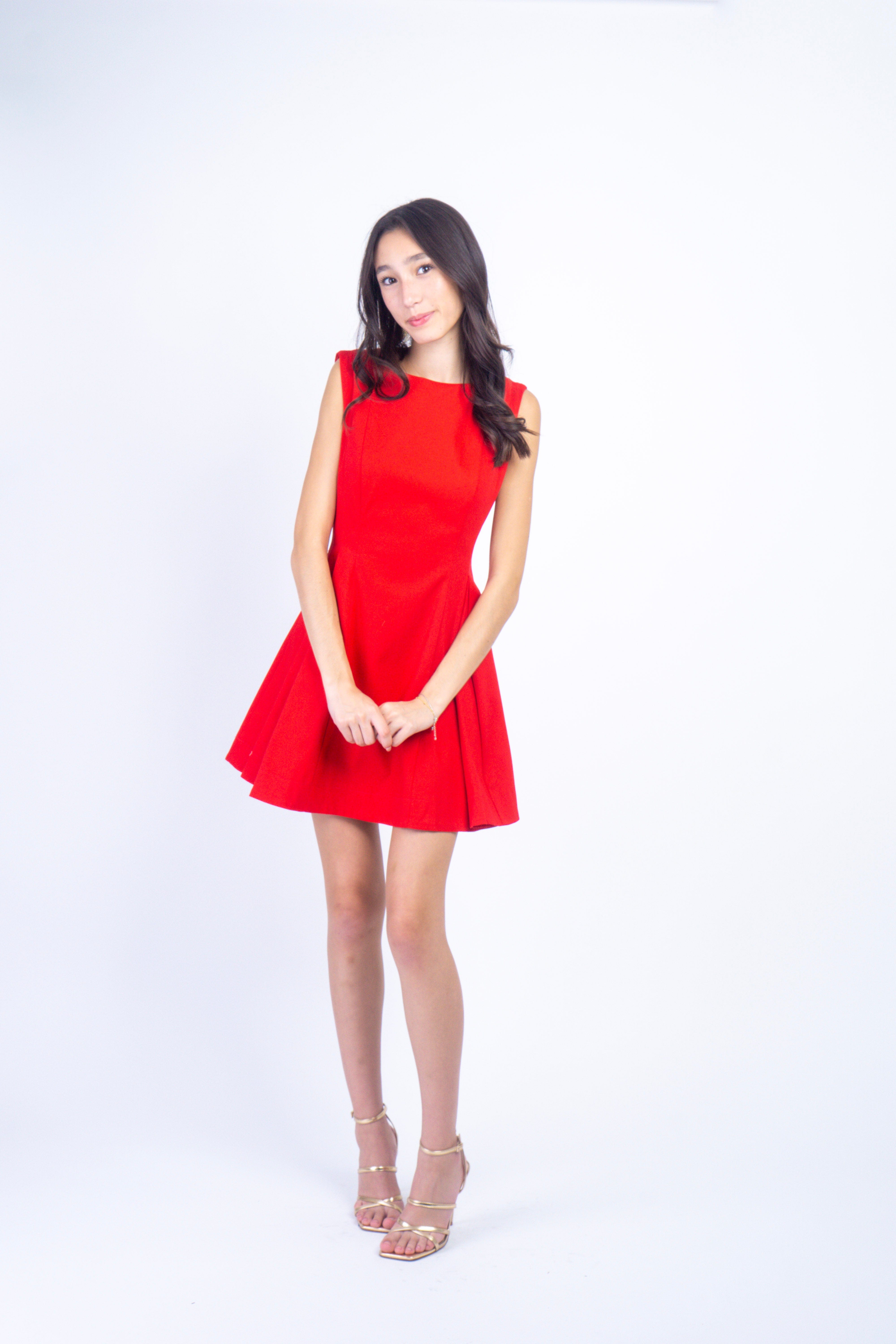 Private Label DRESSES Red Crew Neck Full Side Short Dress