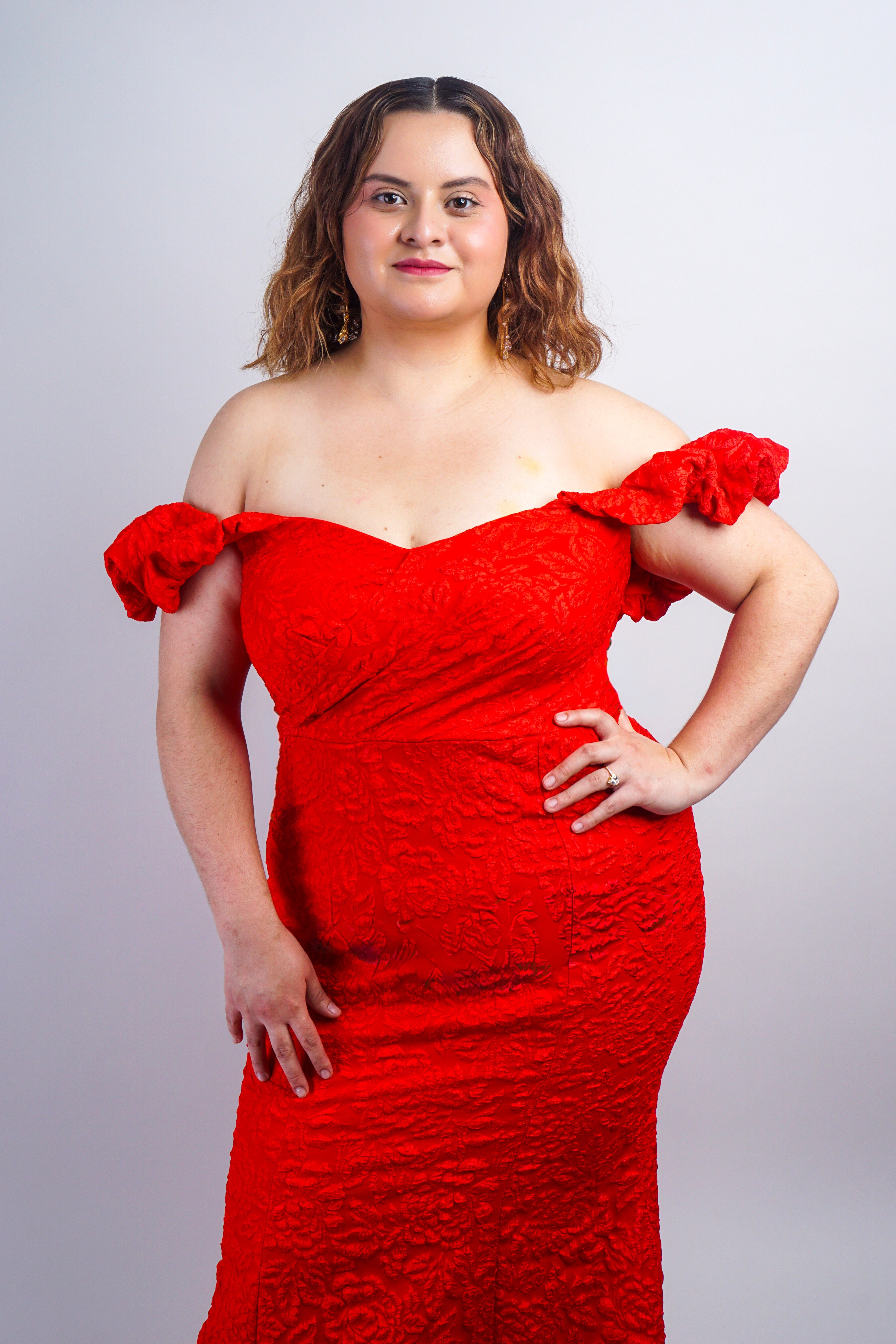 Private Label DRESSES Red Off Shoulder Jacquard Mermaid Gown