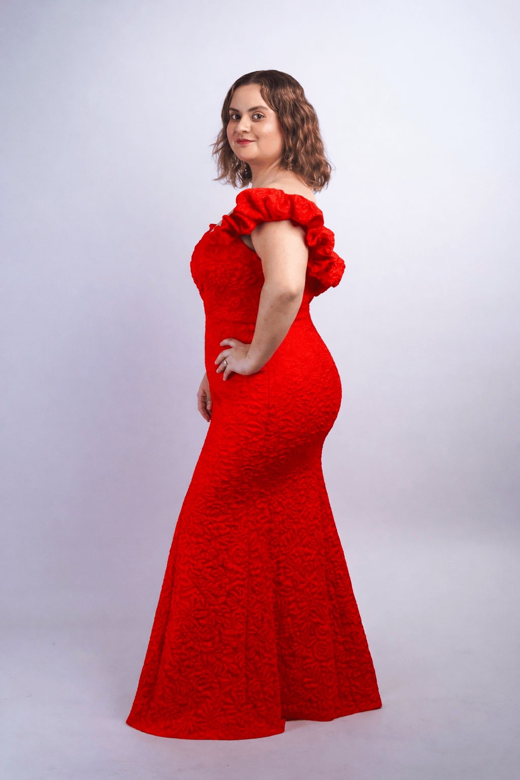 Private Label DRESSES Red Off Shoulder Jacquard Mermaid Gown