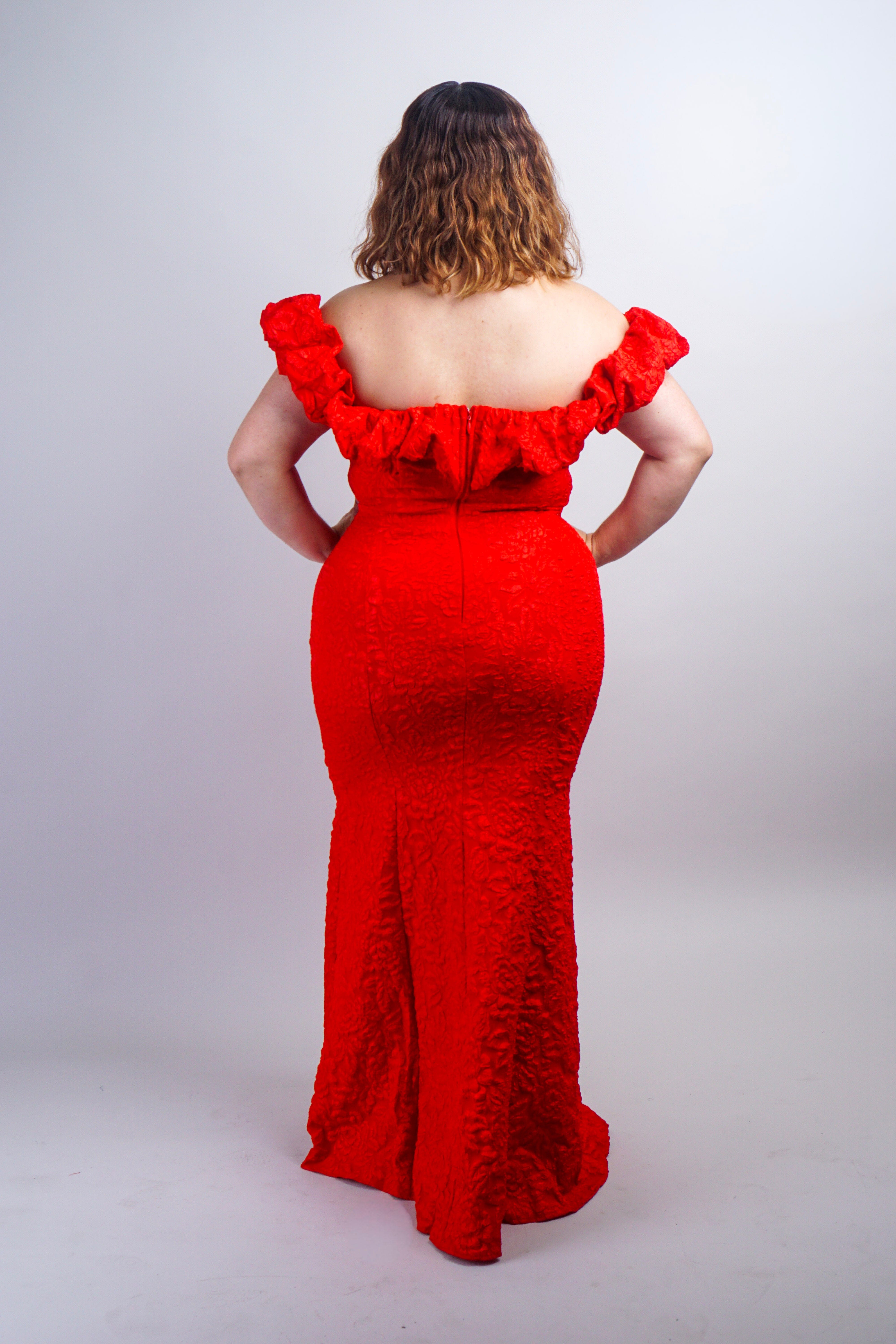 Private Label DRESSES Red Off Shoulder Jacquard Mermaid Gown