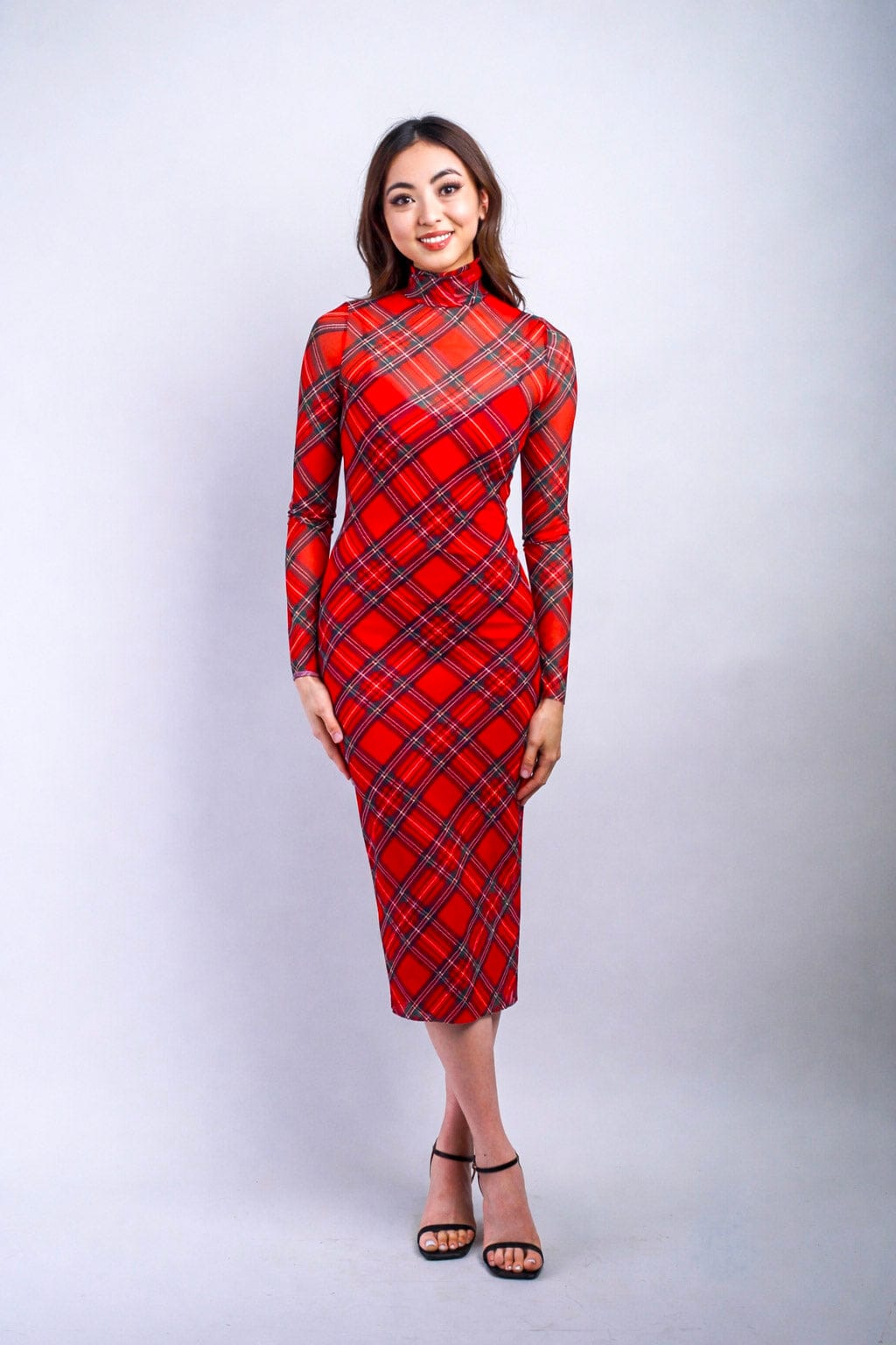 Private Label DRESSES Red Plaid Turtleneck Mesh Slip Midi Dress