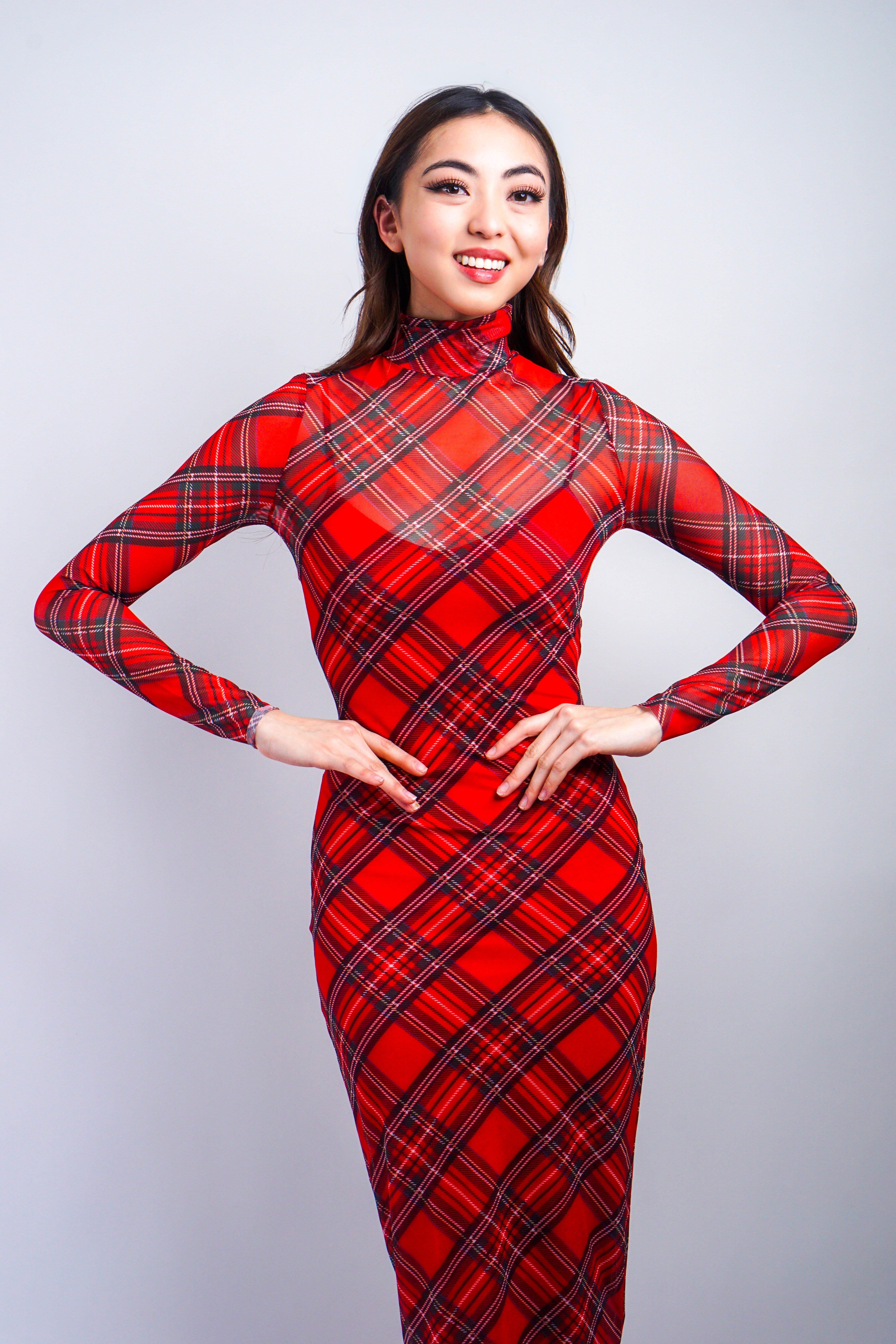 Private Label DRESSES Red Plaid Turtleneck Mesh Slip Midi Dress