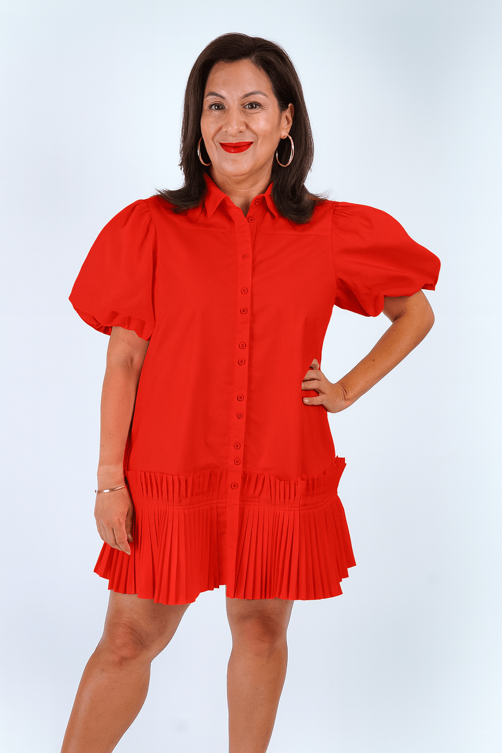 Private Label DRESSES Red Pleated Hem Shirt Dress