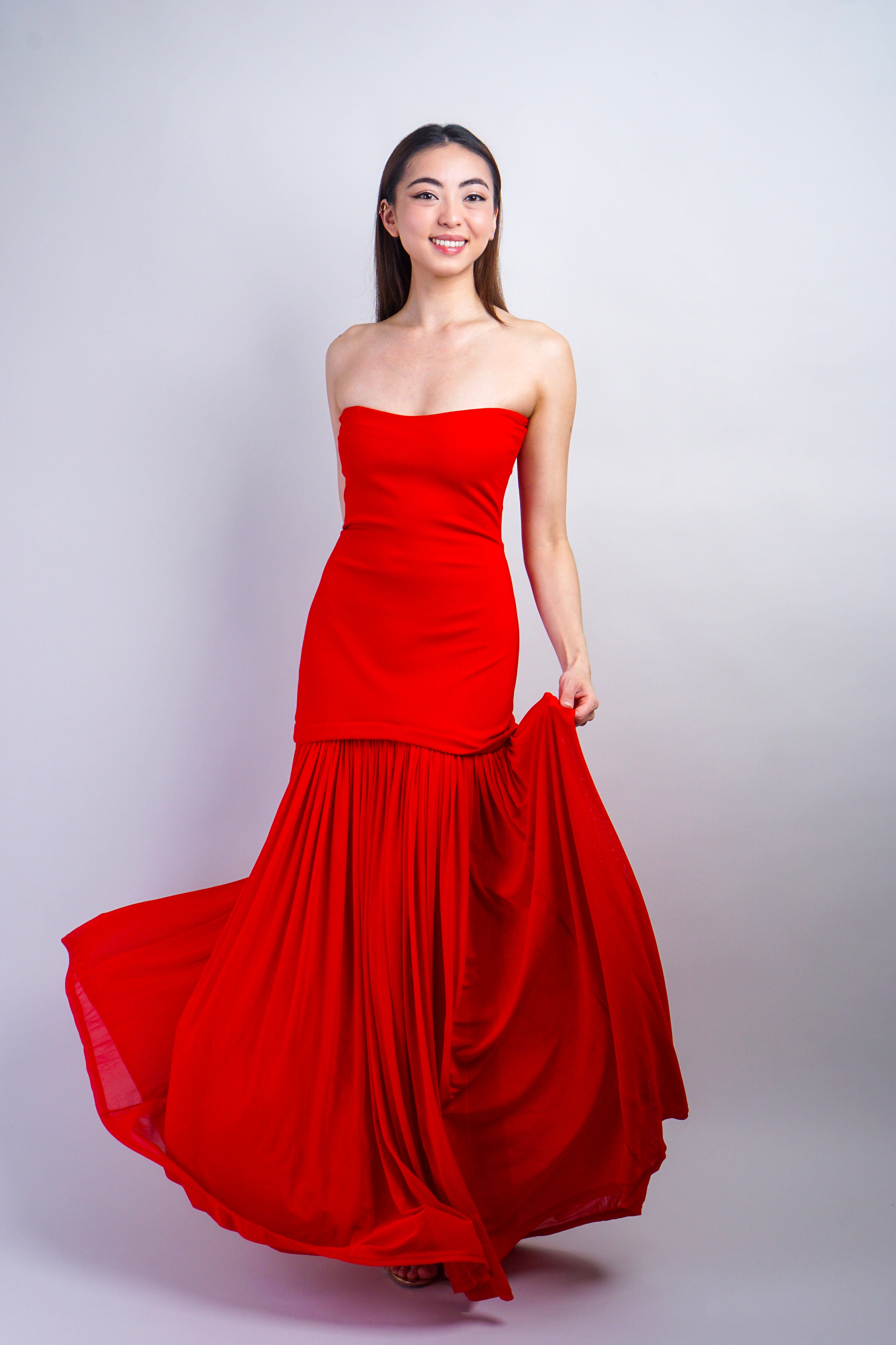 Private Label DRESSES Red Tube Shirred Chiffon Skirt Maxi Dress