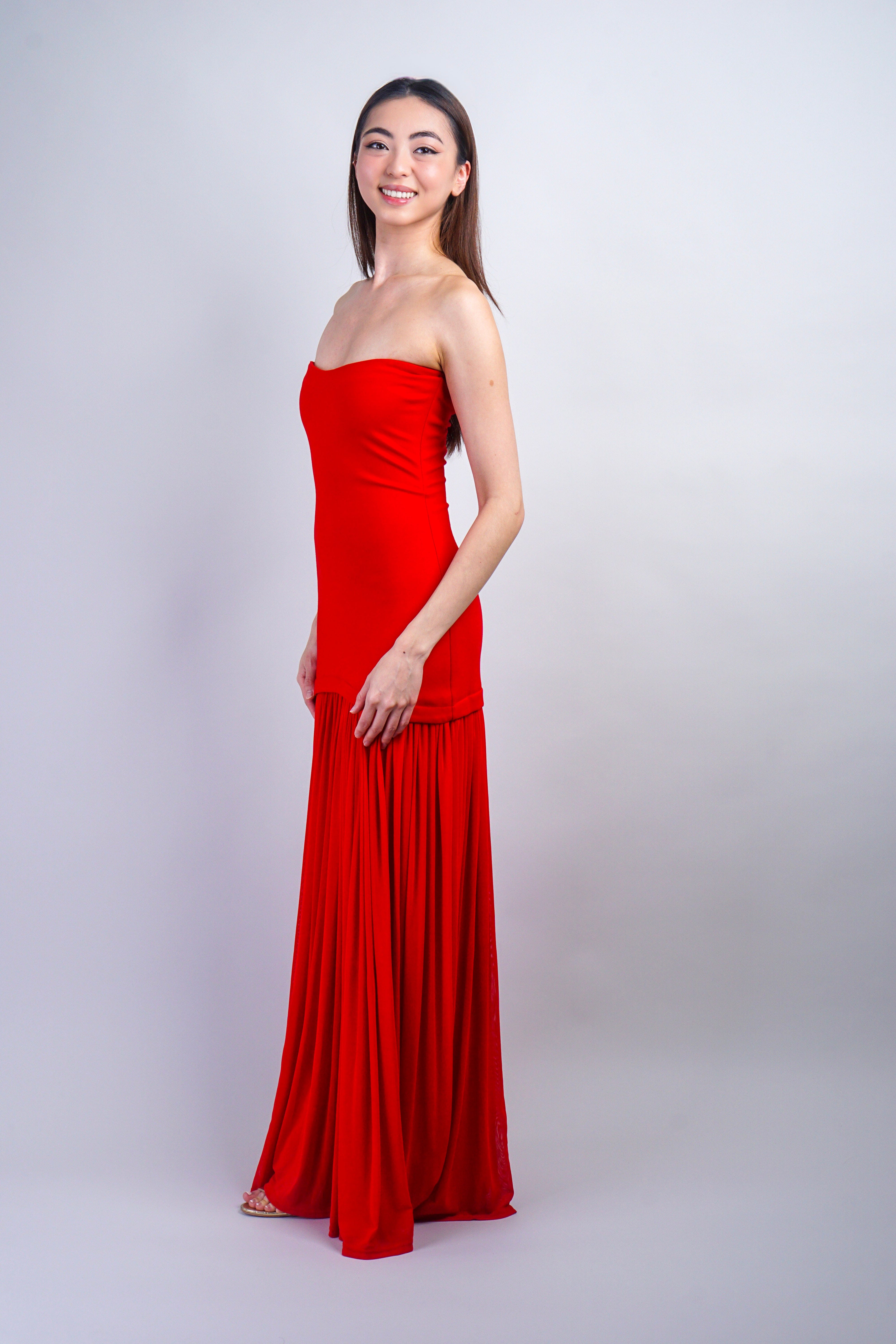 Private Label DRESSES Red Tube Shirred Chiffon Skirt Maxi Dress