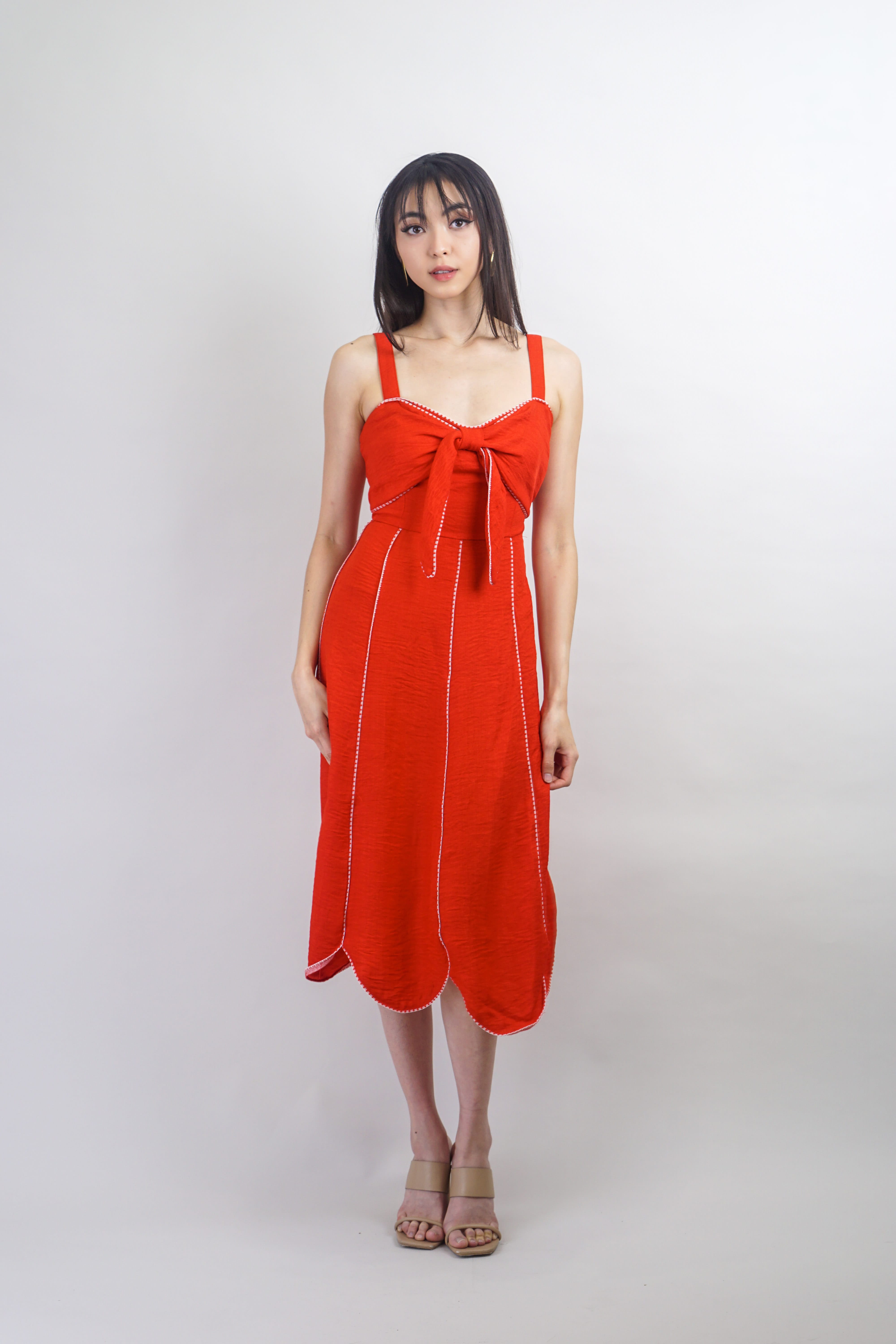 Red with White Trim Sweetheart Bow Midi Dress Red with White Trim Sweetheart Bow Midi Dress