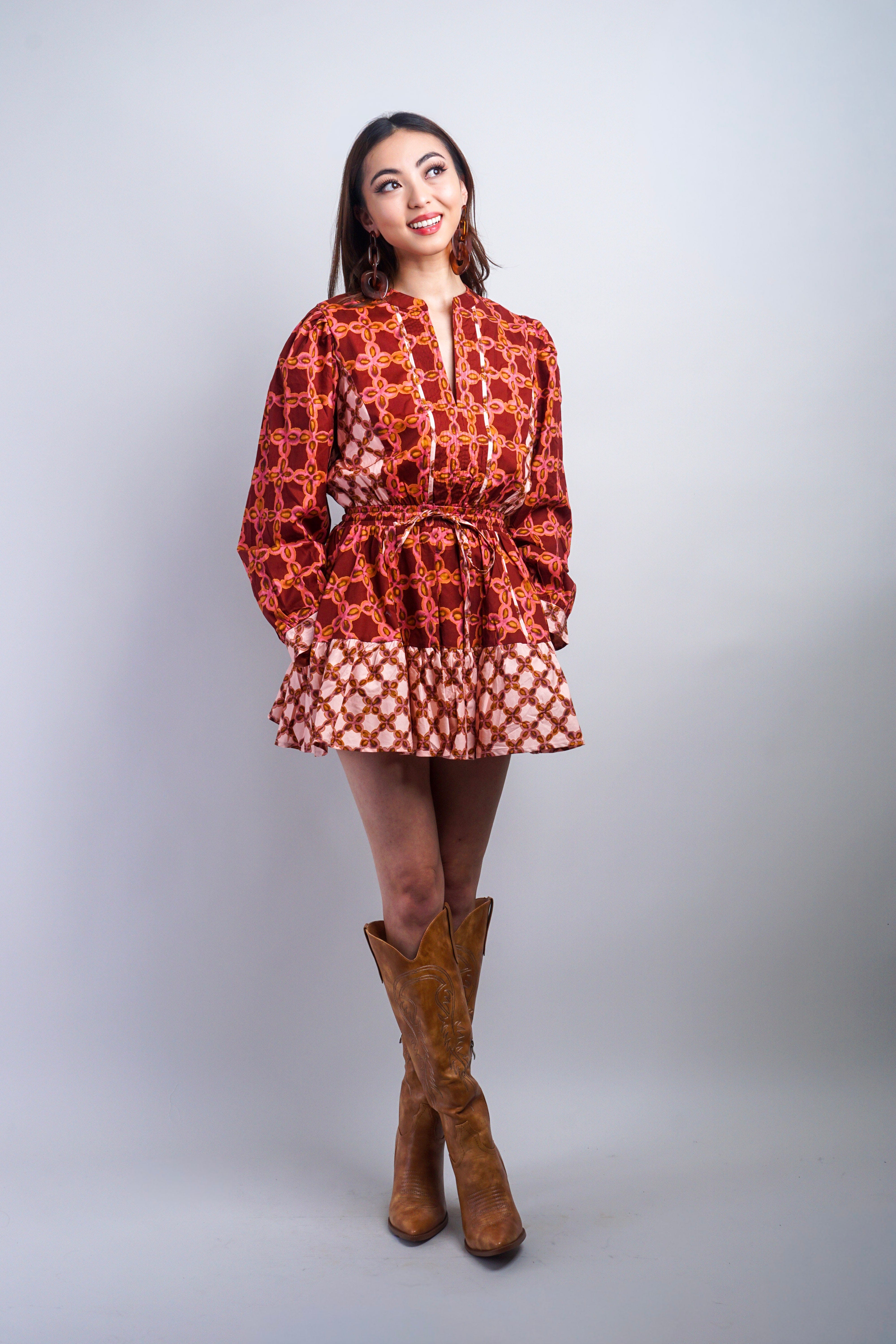 Private Label DRESSES Rust Printed Color Block Skater Dress