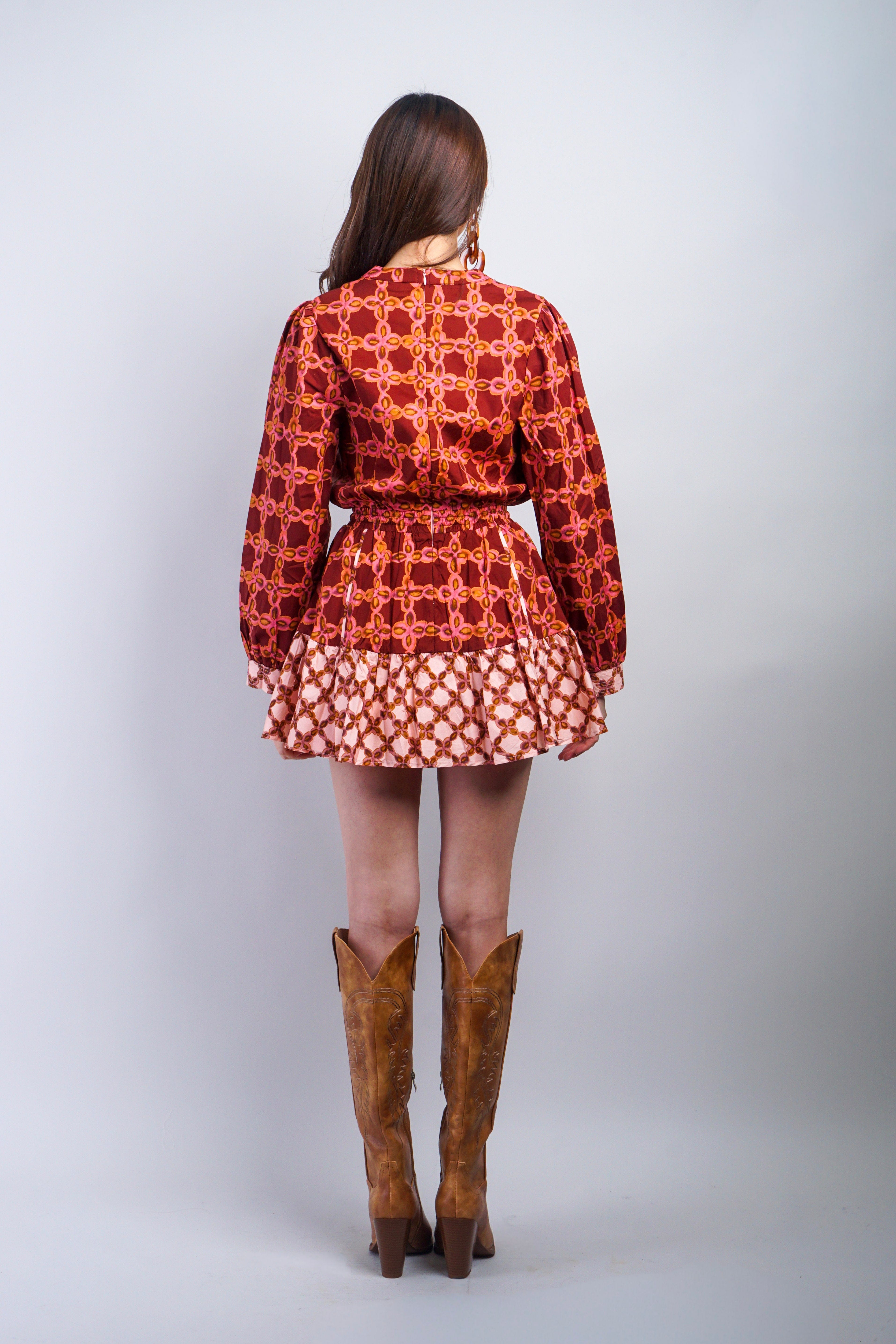 Private Label DRESSES Rust Printed Color Block Skater Dress