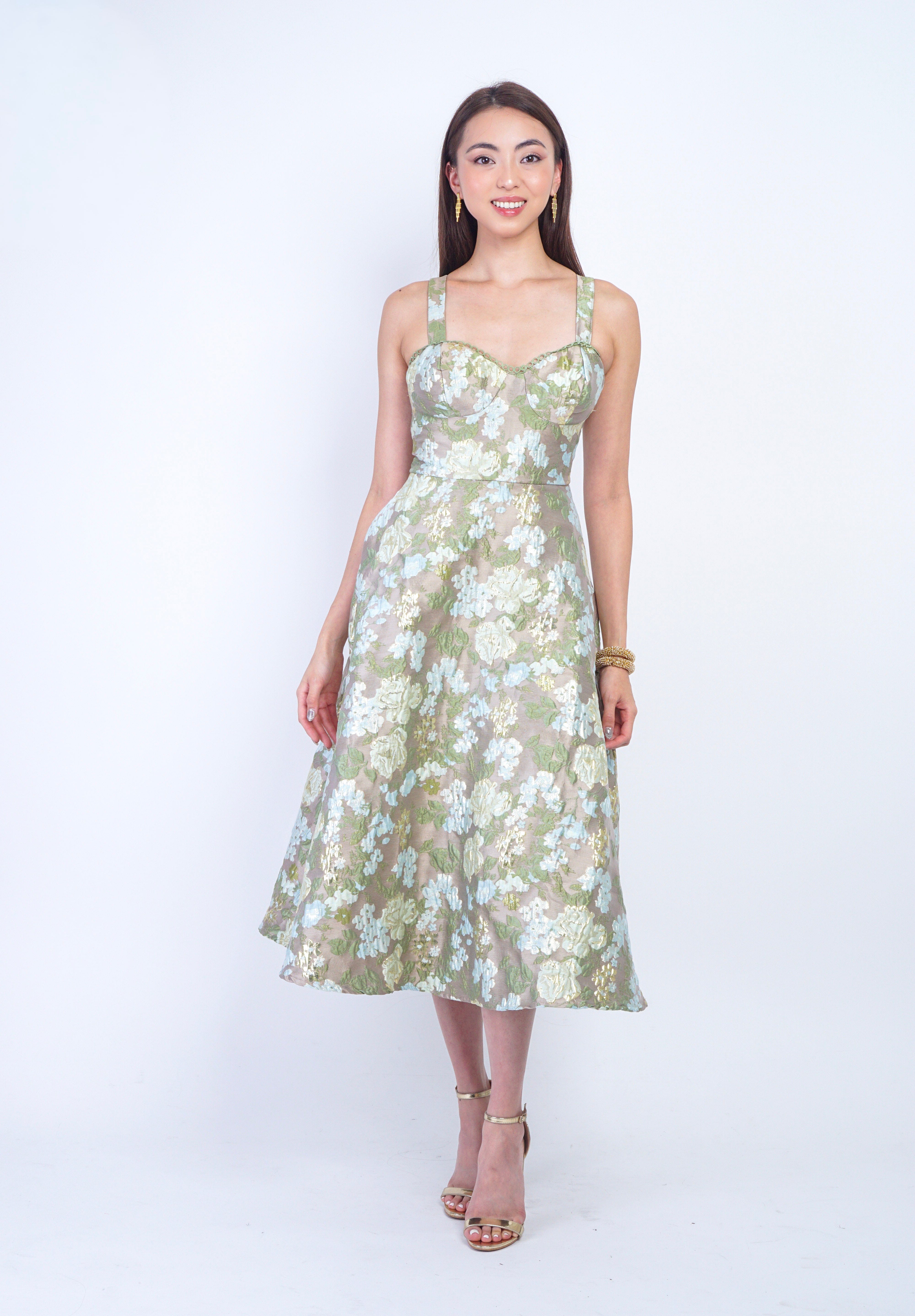 Private Label DRESSES Sage/Gold Brocade Floral Corset Full Skirt Midi Dress