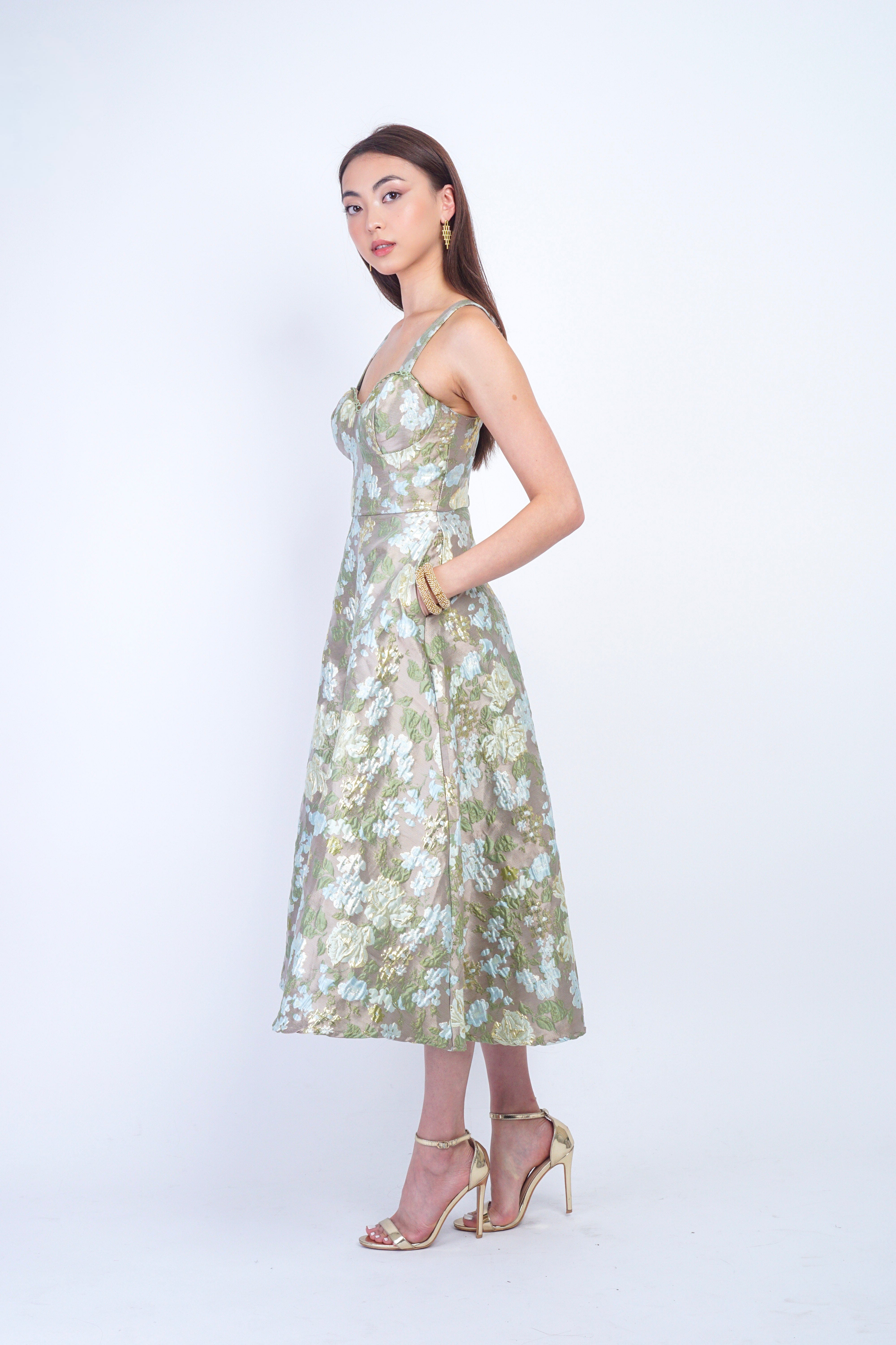 Private Label DRESSES Sage/Gold Brocade Floral Corset Full Skirt Midi Dress