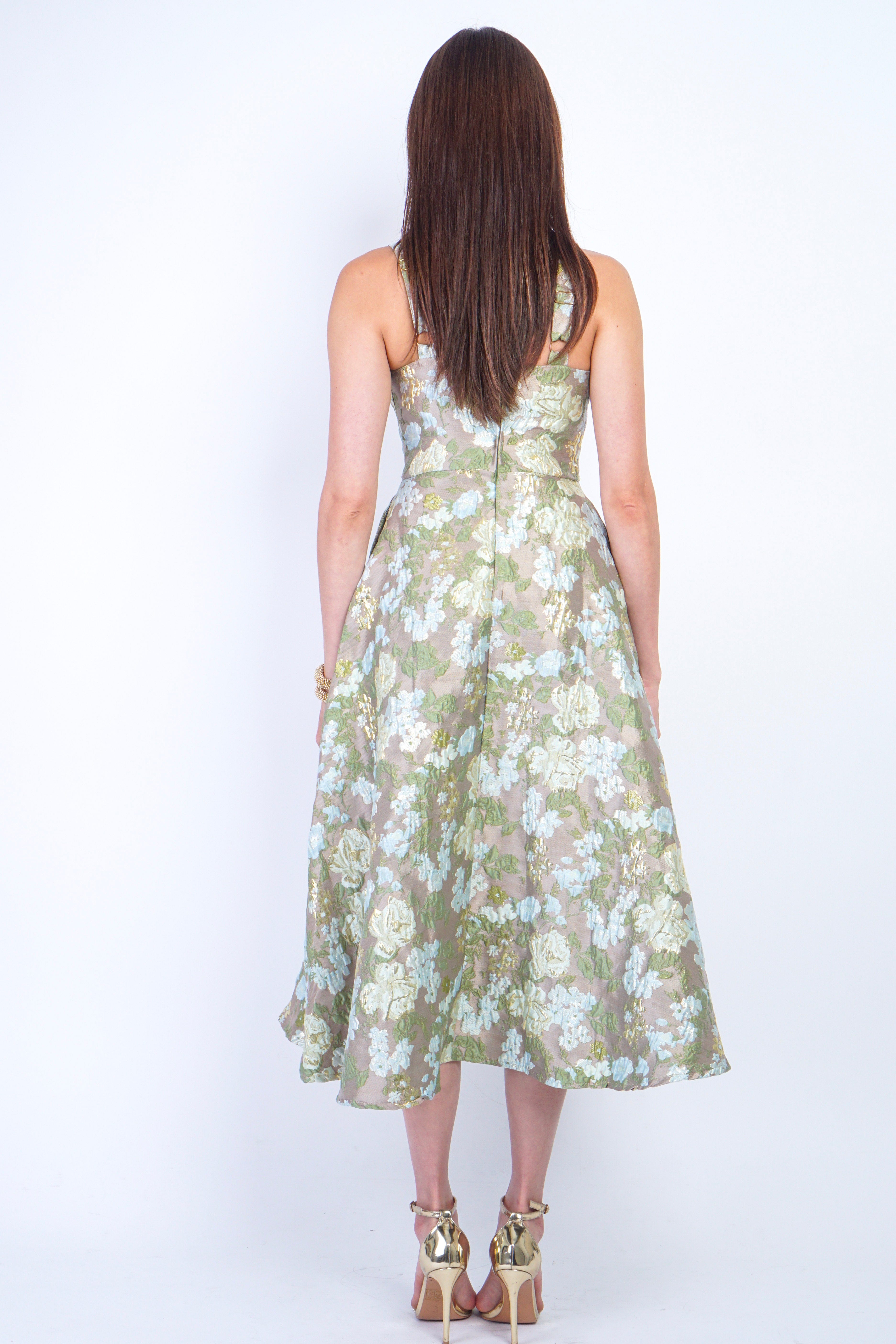 Private Label DRESSES Sage/Gold Brocade Floral Corset Full Skirt Midi Dress