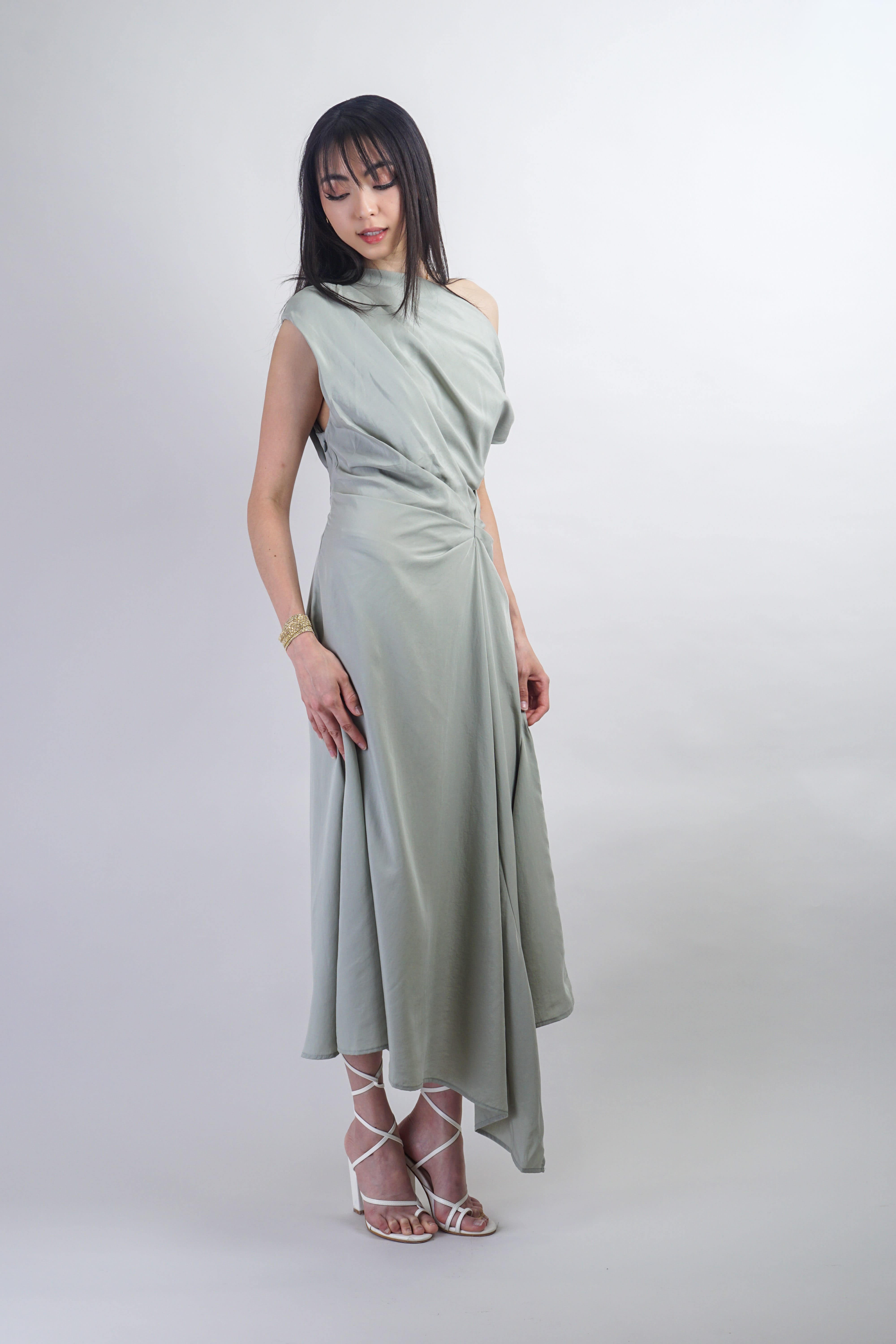 Private Label DRESSES Sage Off Shoulder and Side Drape Dress