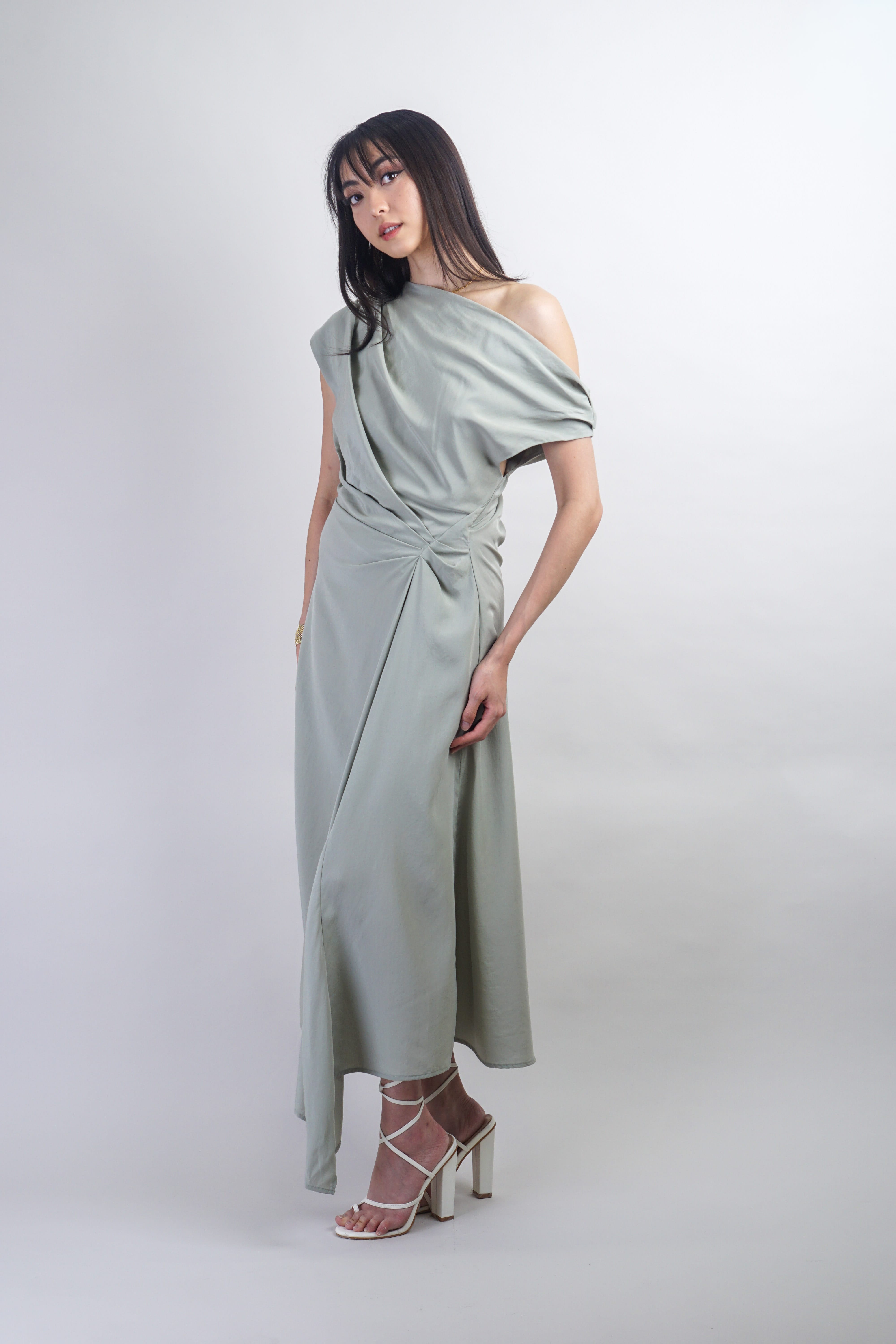 Private Label DRESSES Sage Off Shoulder and Side Drape Dress