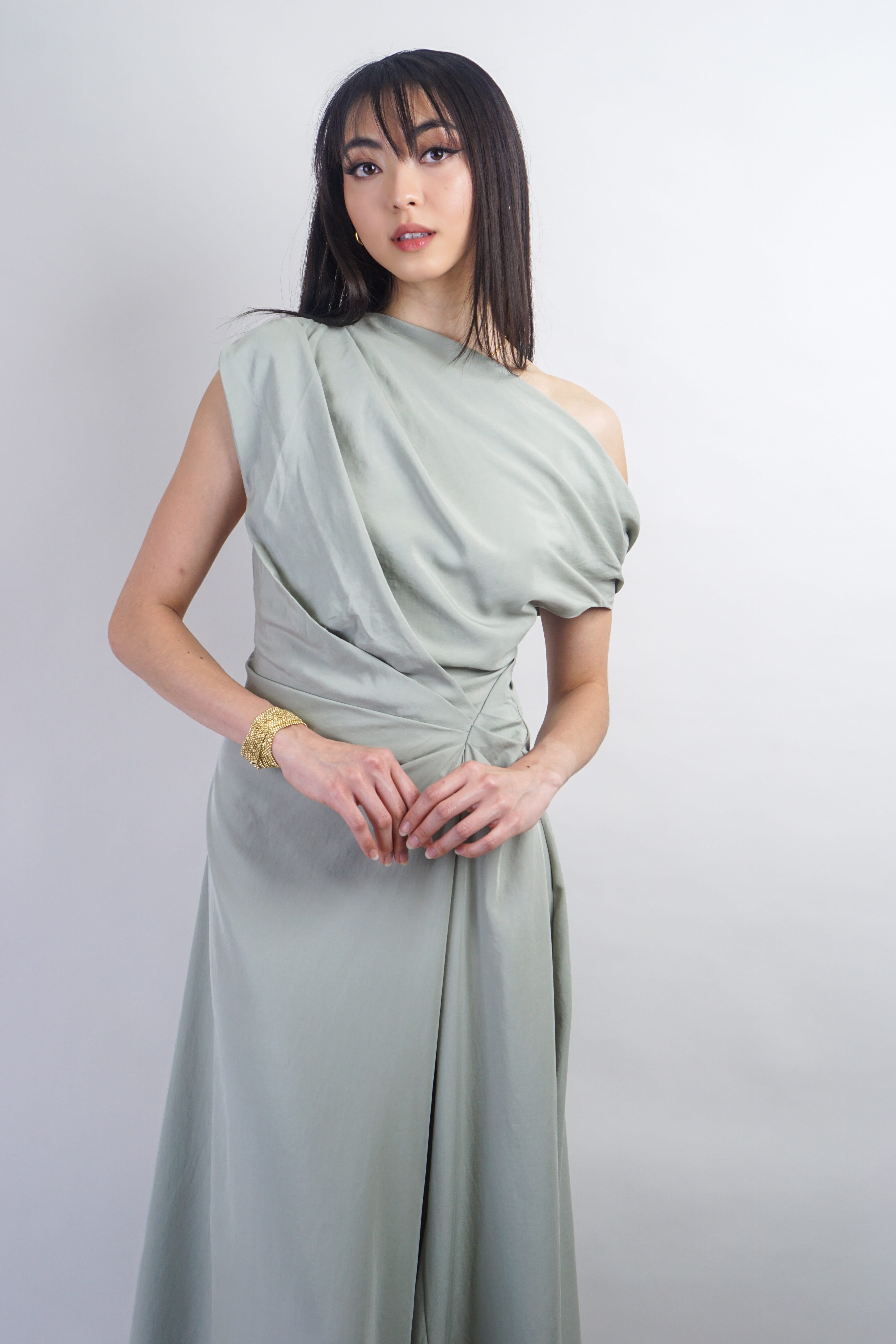 Private Label DRESSES Sage Off Shoulder and Side Drape Dress