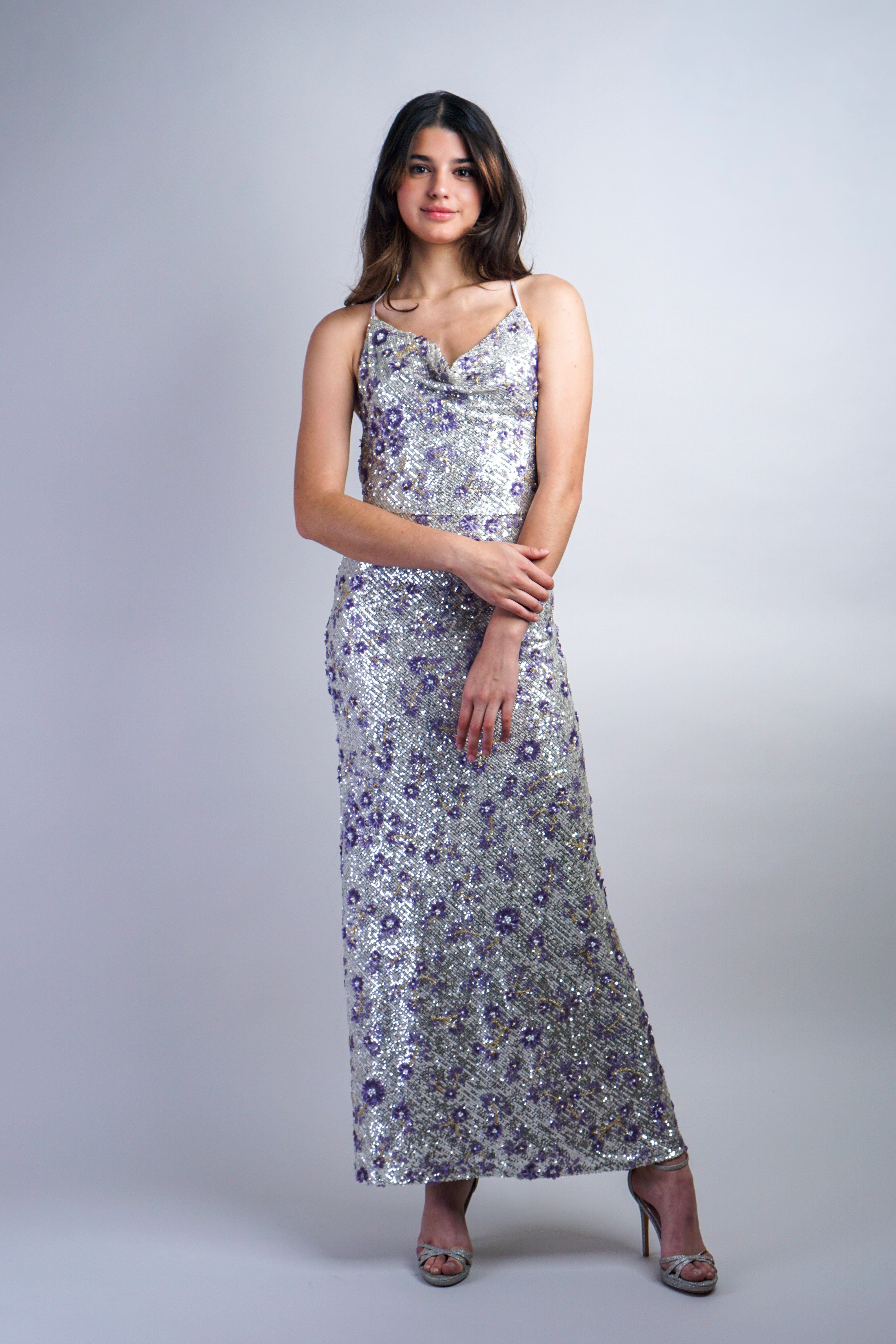 Private Label DRESSES Silver Lavender Floral Sequin Cowl Neck Gown