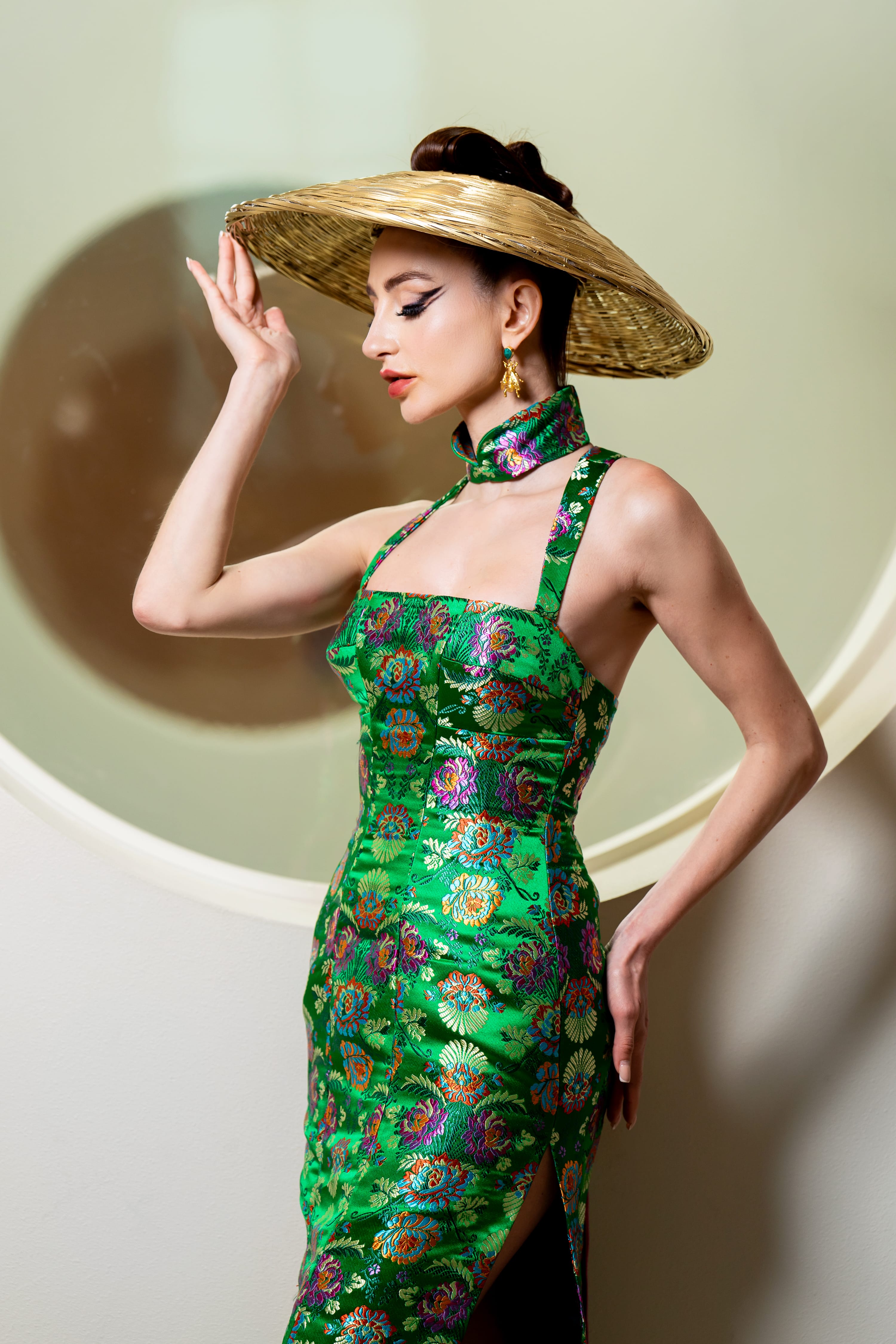 Chloe Dao DRESSES Size 6 Green Brocade Mandarin Corset Gown