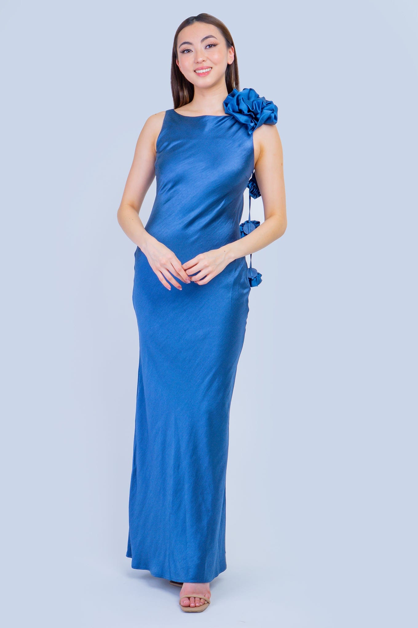 DCD DRESSES Slate Blue Bateau Flowers Back Cowl Gown