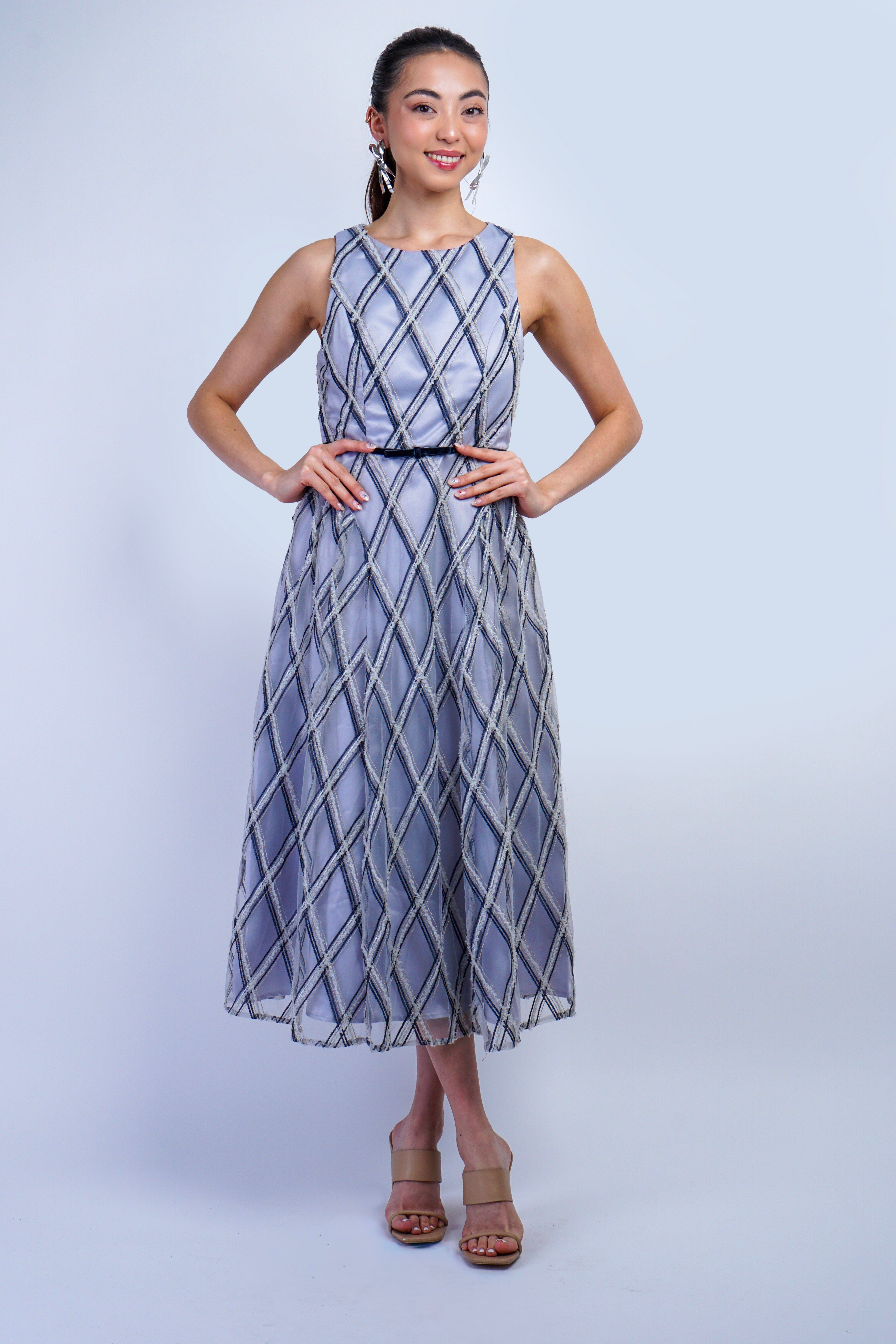 Private Label DRESSES Sliver & Navy Geo Pattern Embroidered Midi Dress