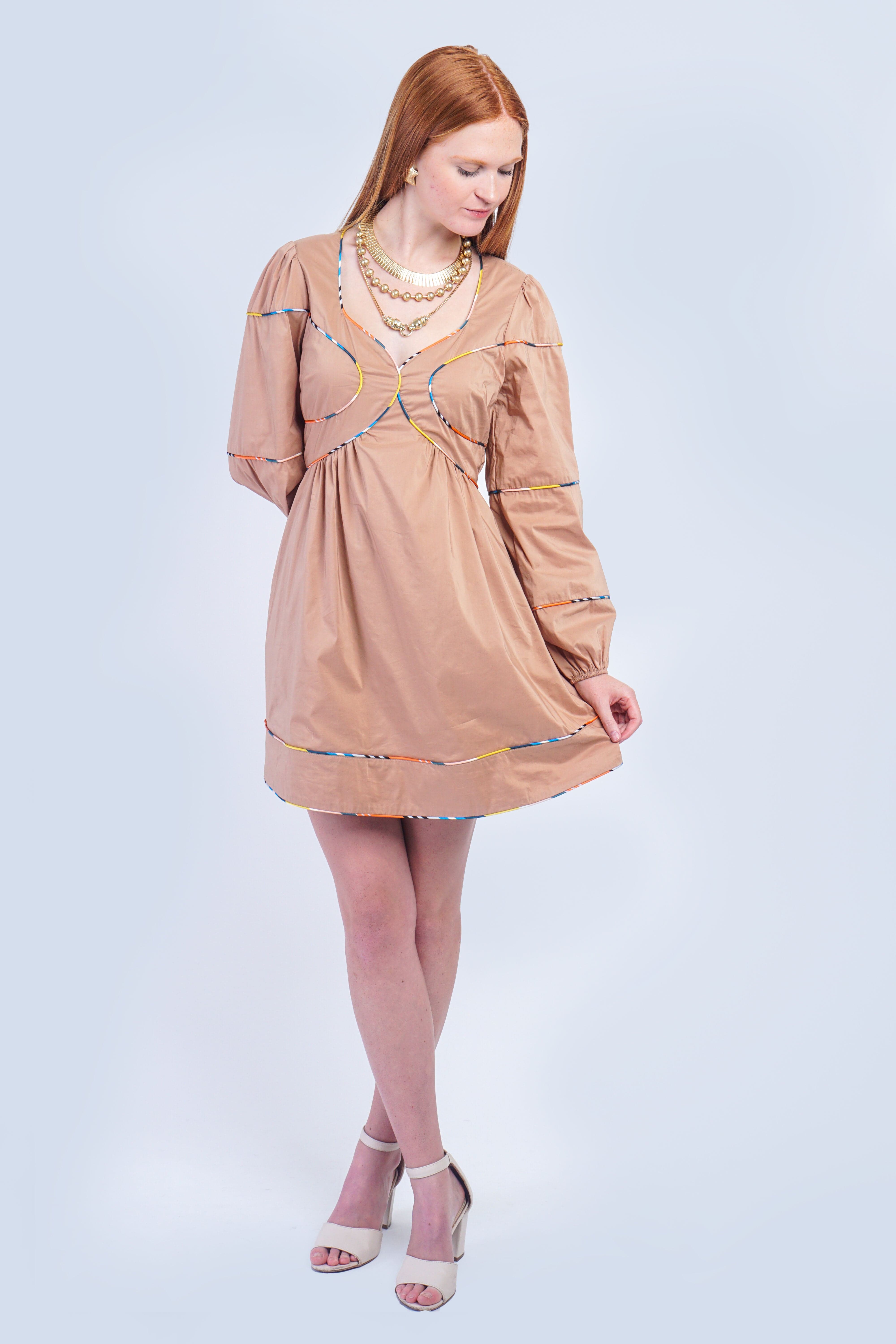 Private Label Dresses Tan Contrast Multi Color Piping Mini Dress