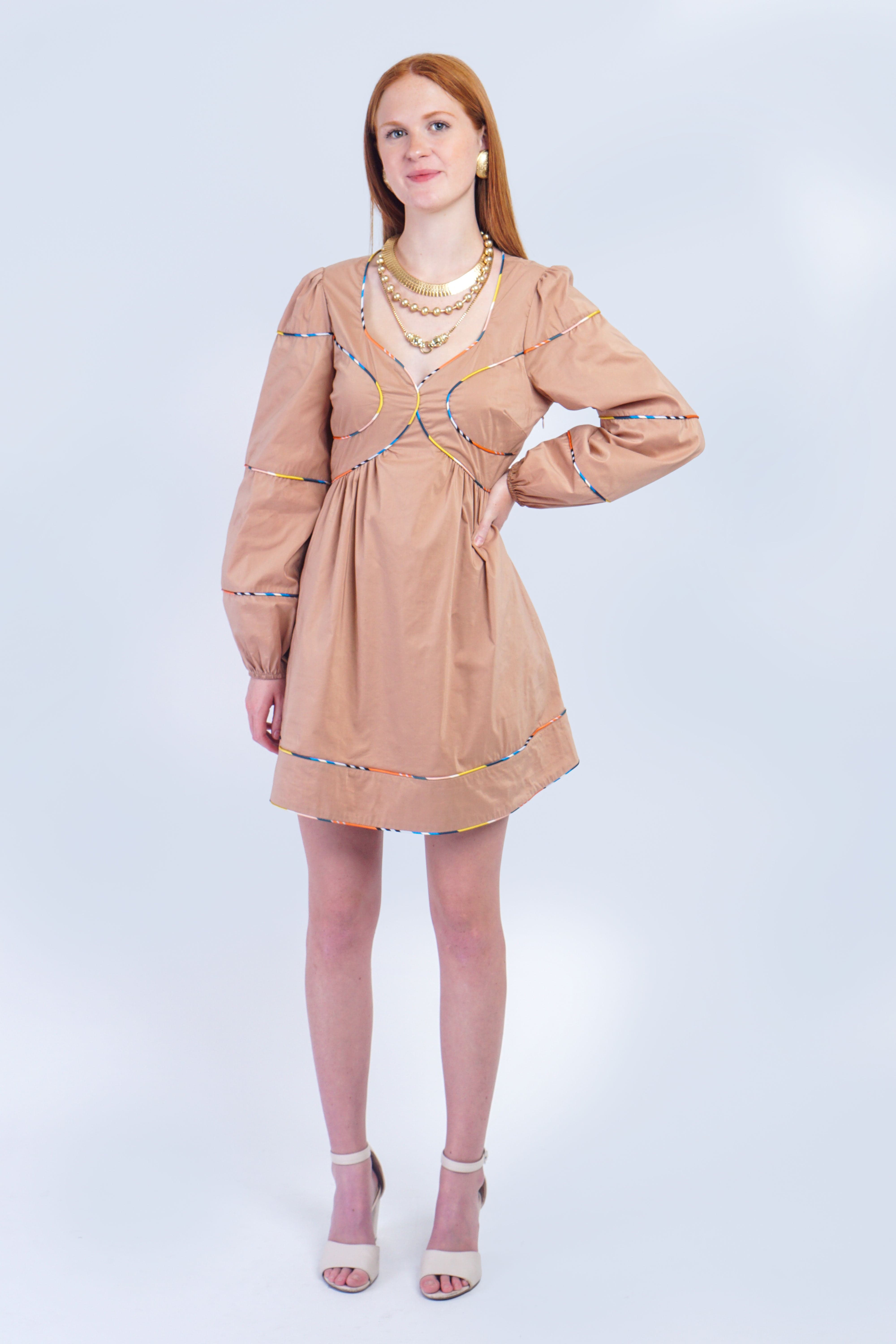 Private Label Dresses Tan Contrast Multi Color Piping Mini Dress