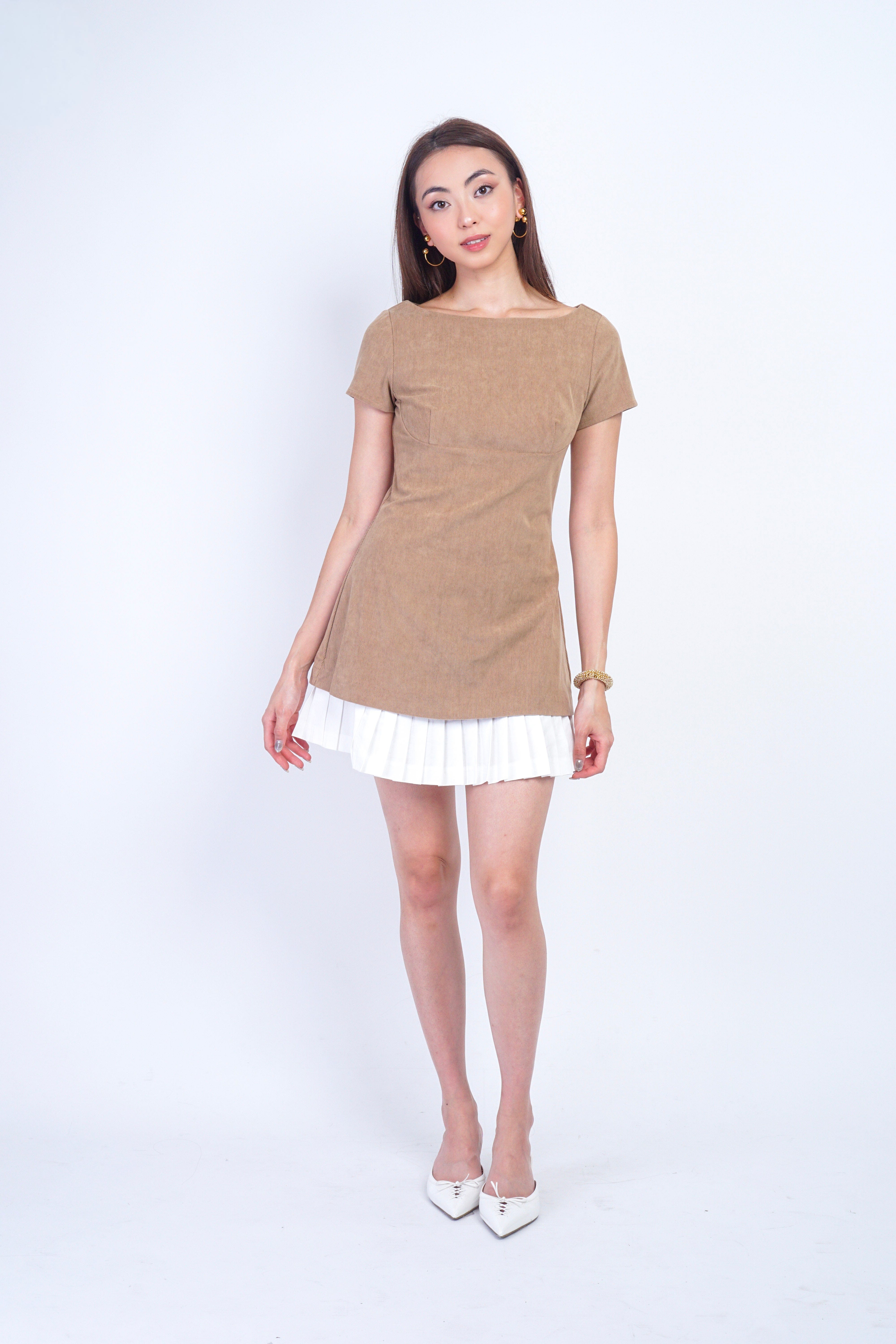 Private Label DRESSES Tan Corduroy White Pleat Hem Dress
