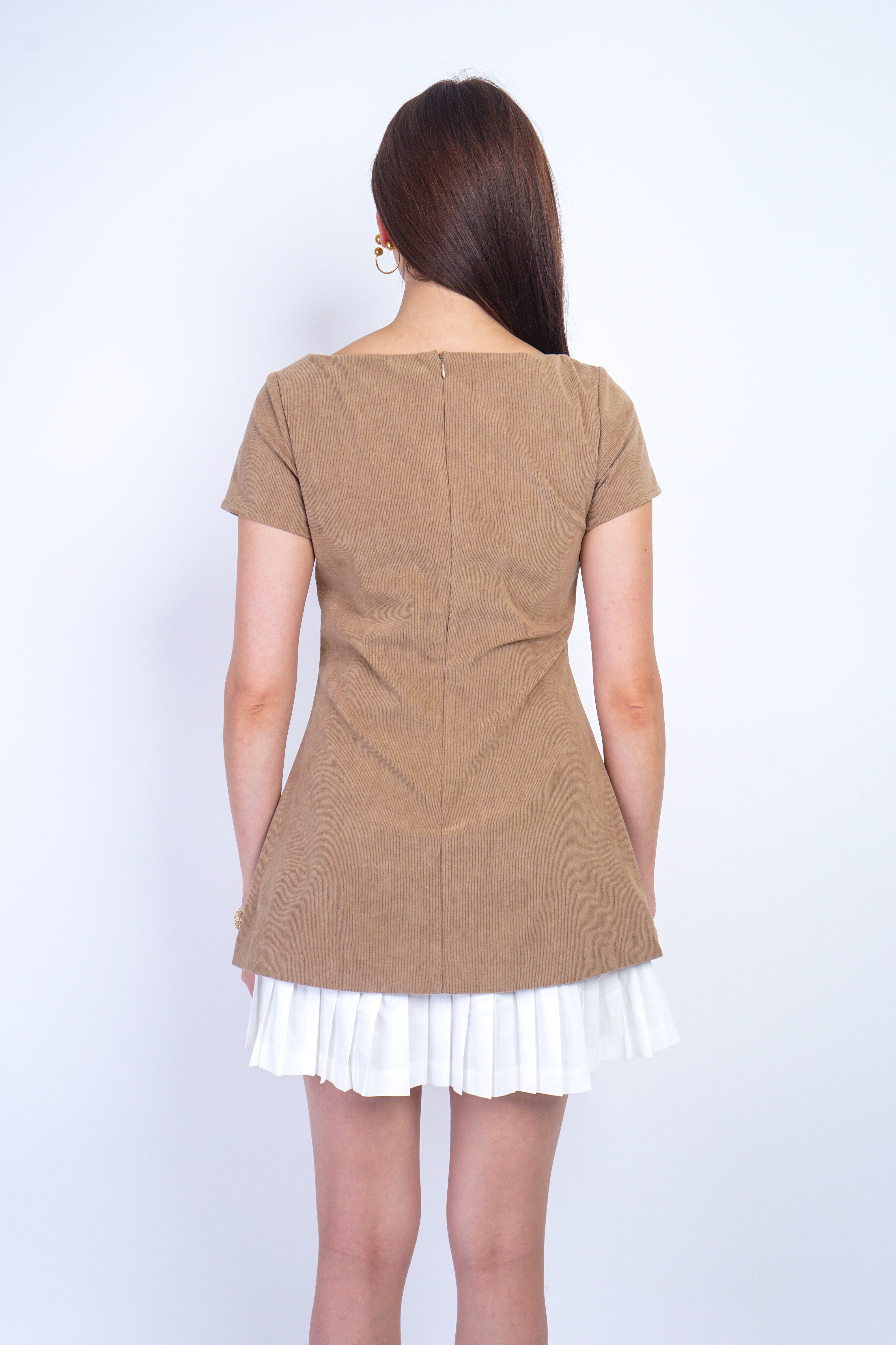 Private Label DRESSES Tan Corduroy White Pleat Hem Dress