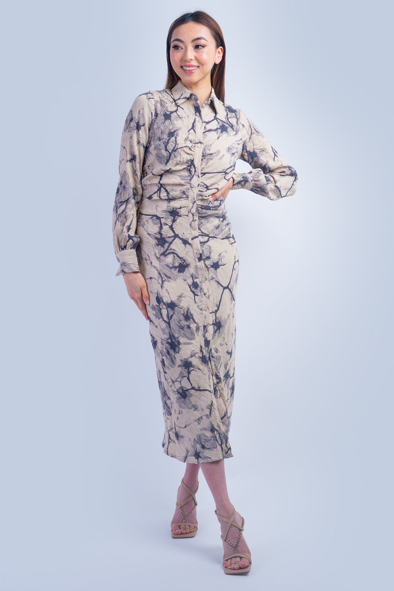 DCD DRESSES Taupe Charcoal Print Midi Shirt Dress