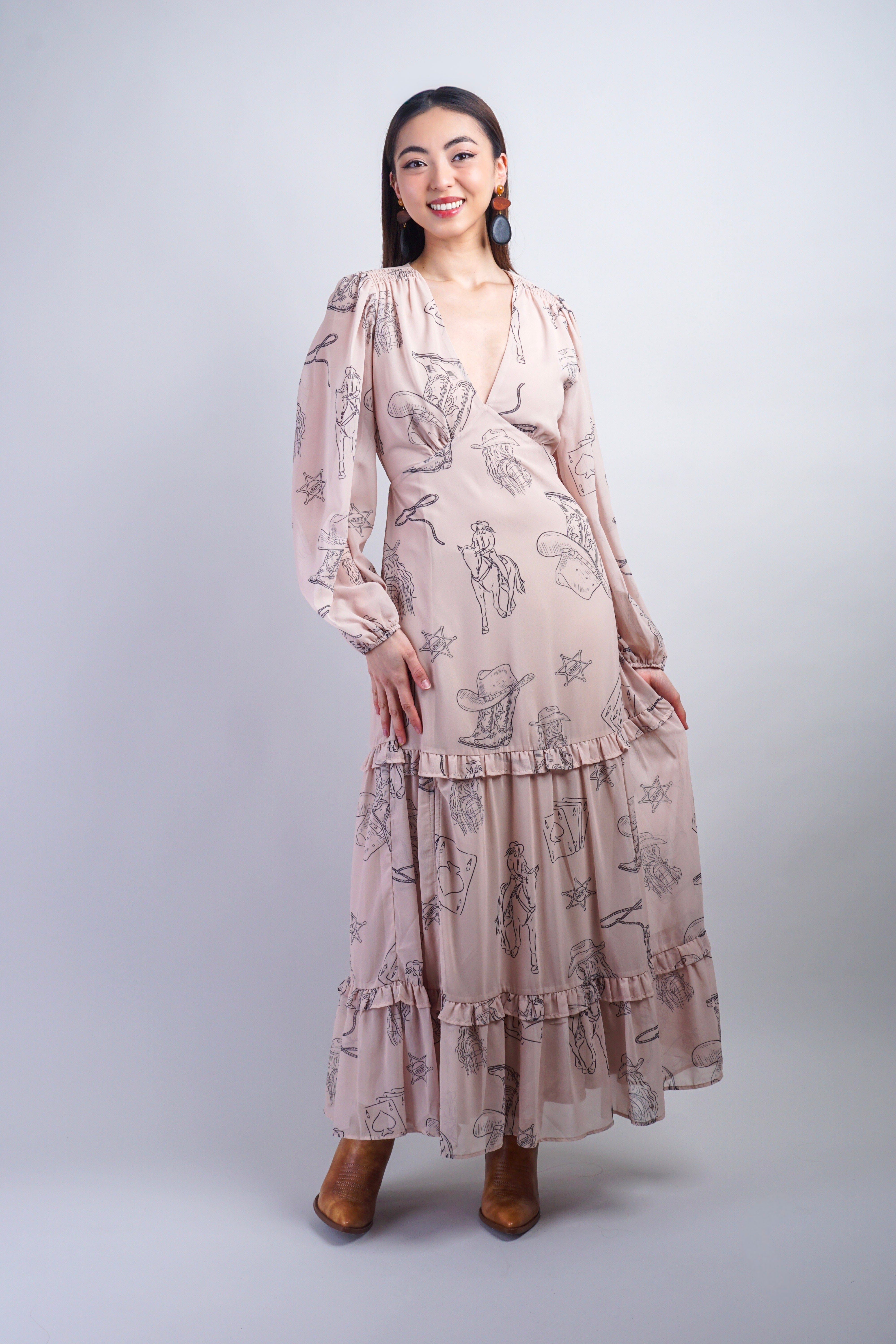 Private Label DRESSES Taupe Cowboy Printed V-Neck Midi Dress