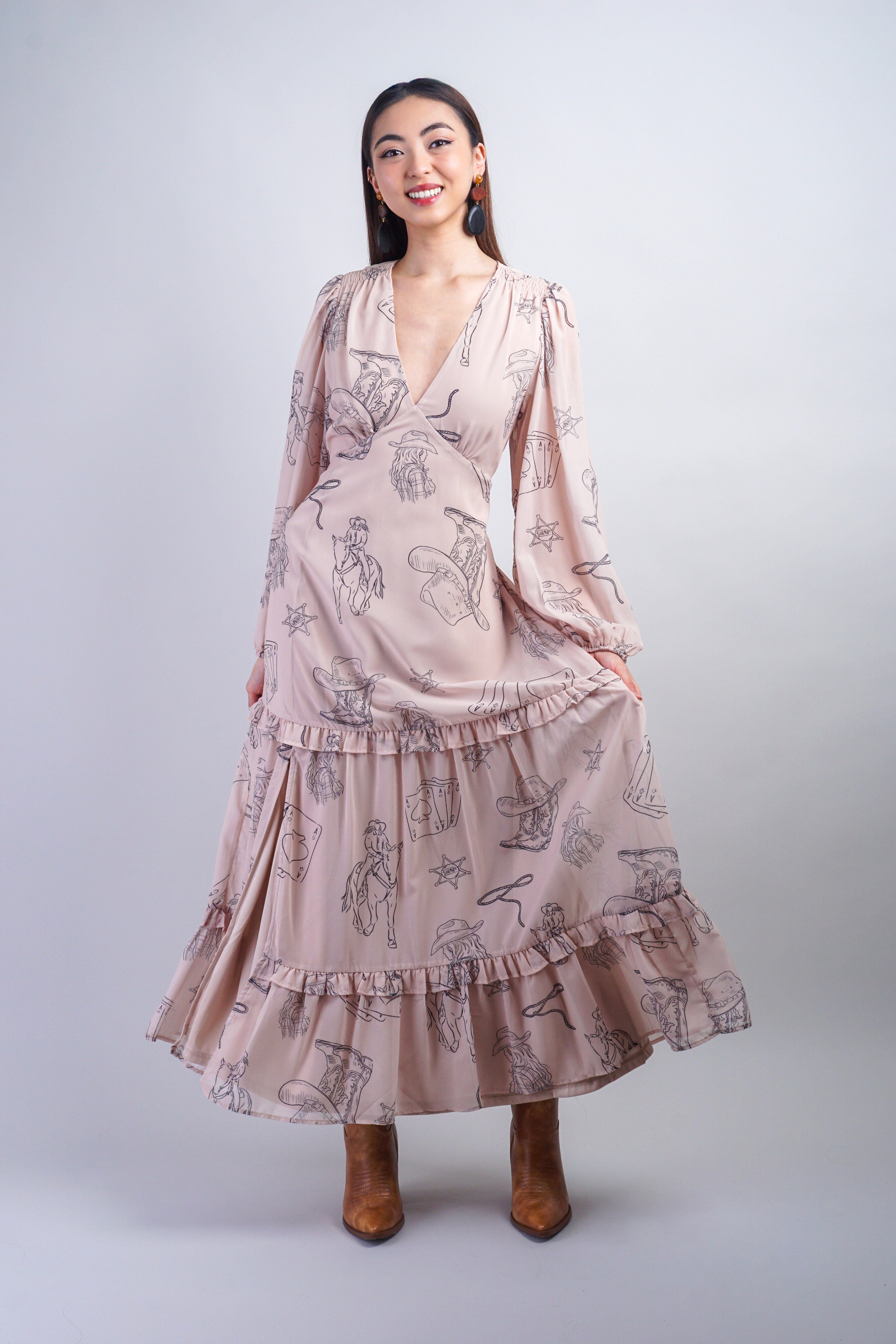 Private Label DRESSES Taupe Cowboy Printed V-Neck Midi Dress