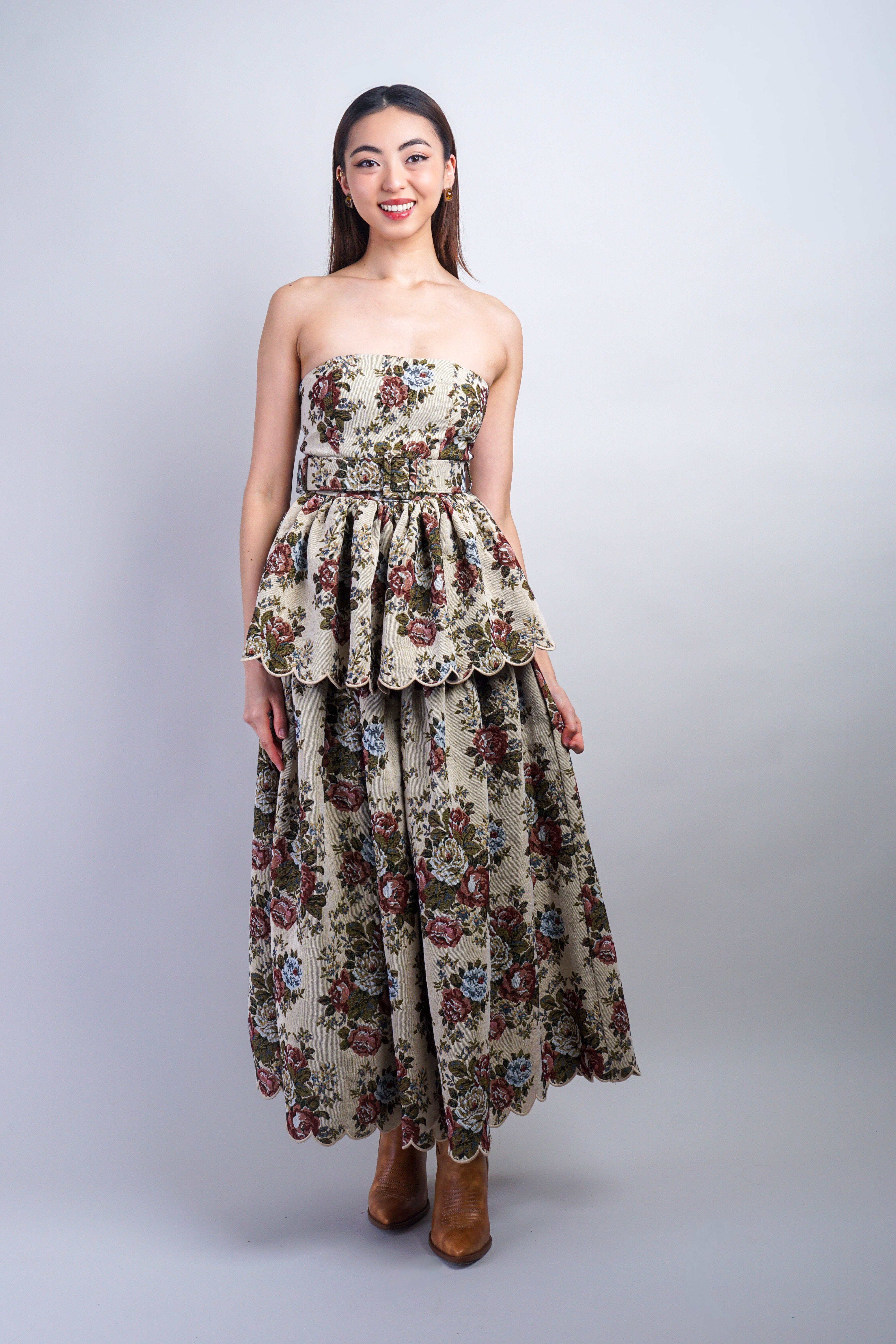 Private Label DRESSES Taupe Floral Jacquard Belted Midi Dress