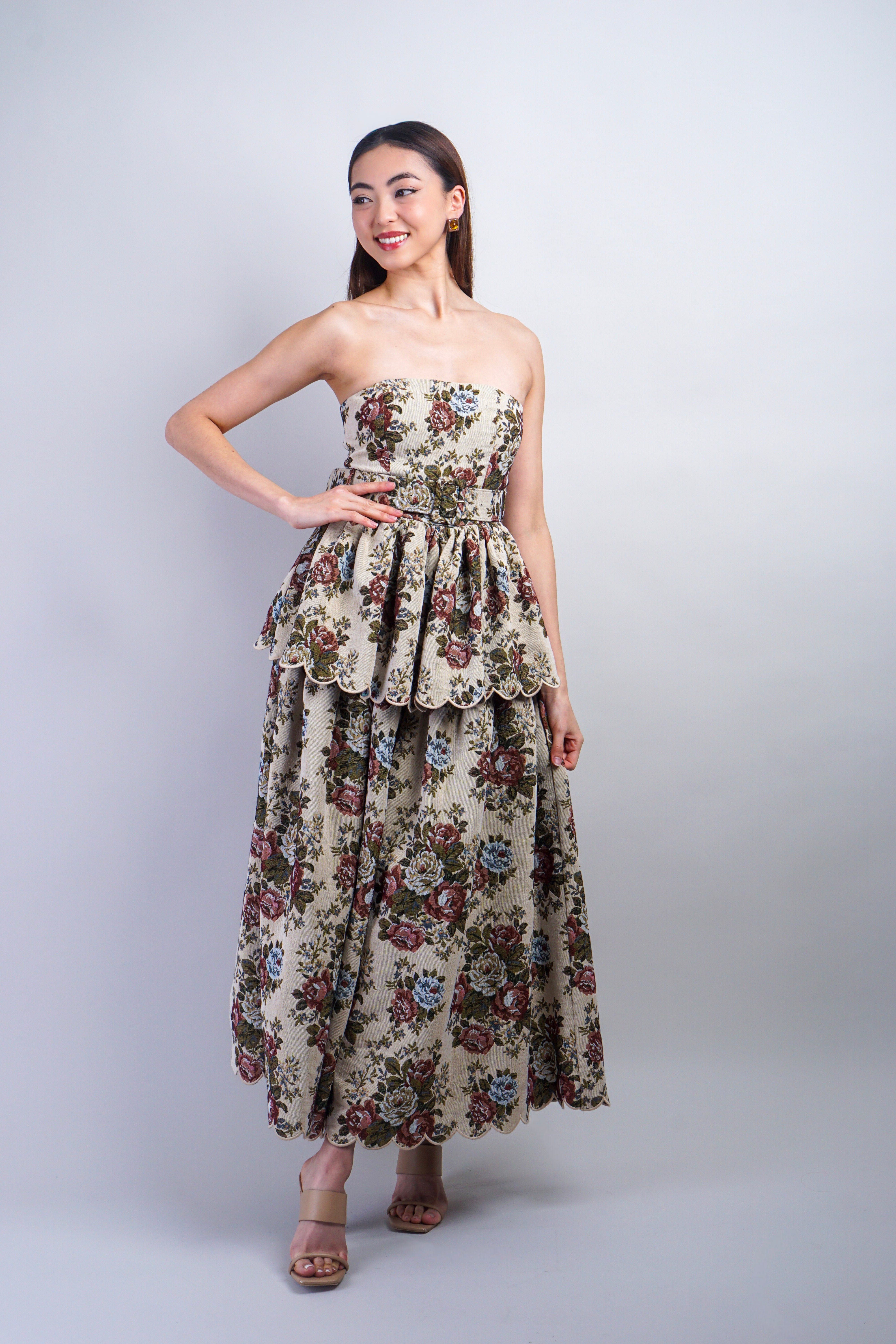 Private Label DRESSES Taupe Floral Jacquard Belted Midi Dress