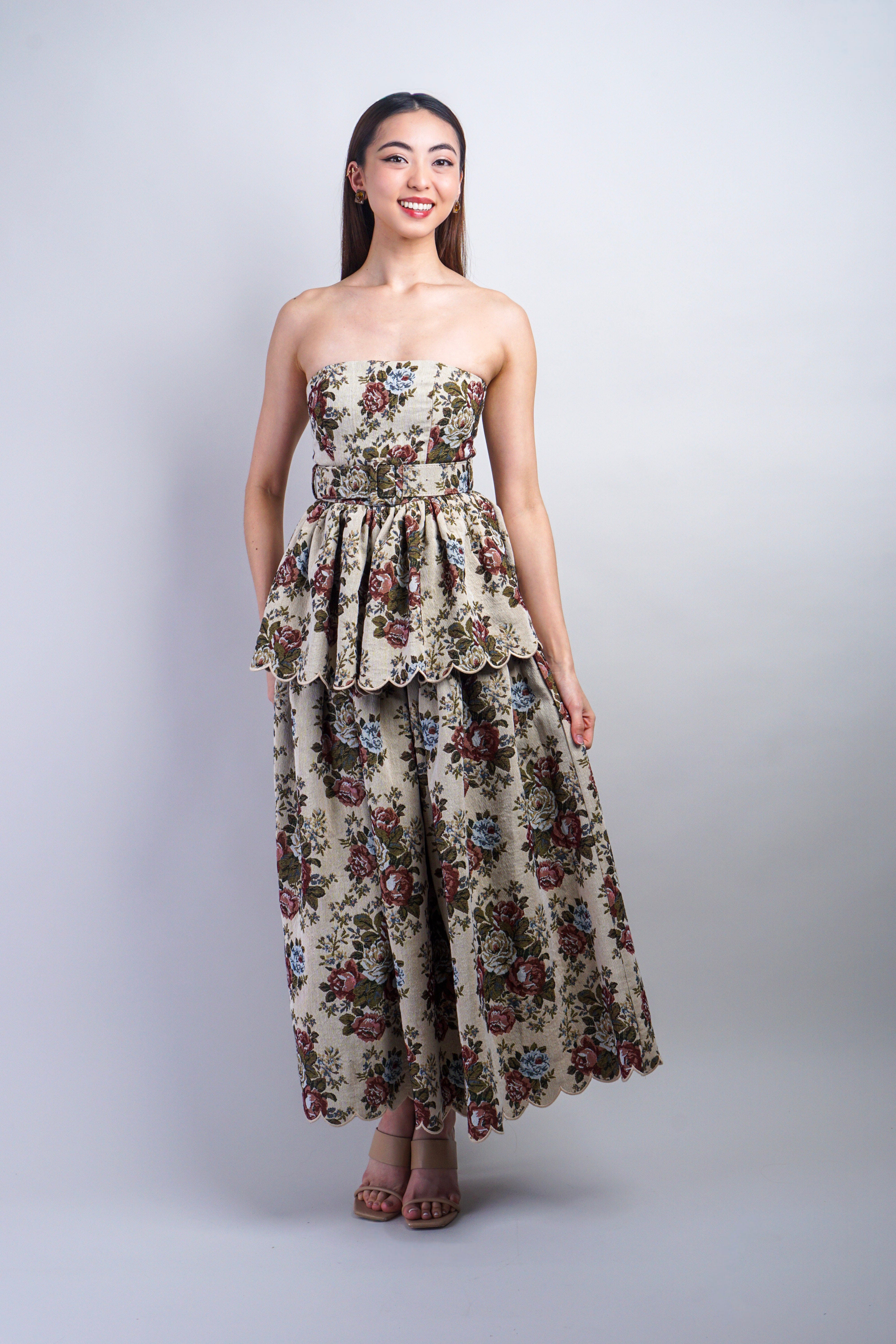 Private Label DRESSES Taupe Floral Jacquard Belted Midi Dress