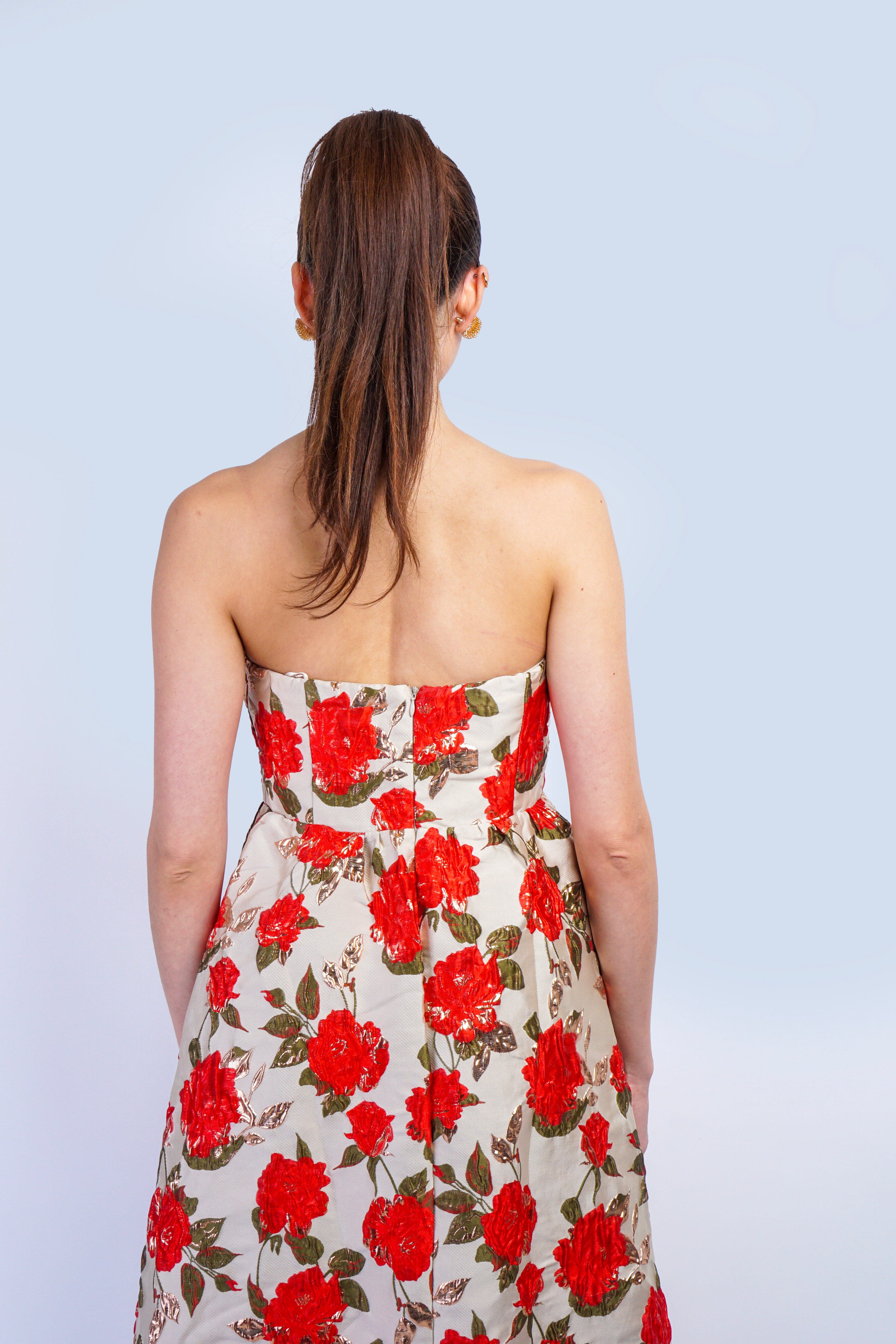 Private Label DRESSES Taupe/Red/Gold Rose Jacquard Tube Midi Dress