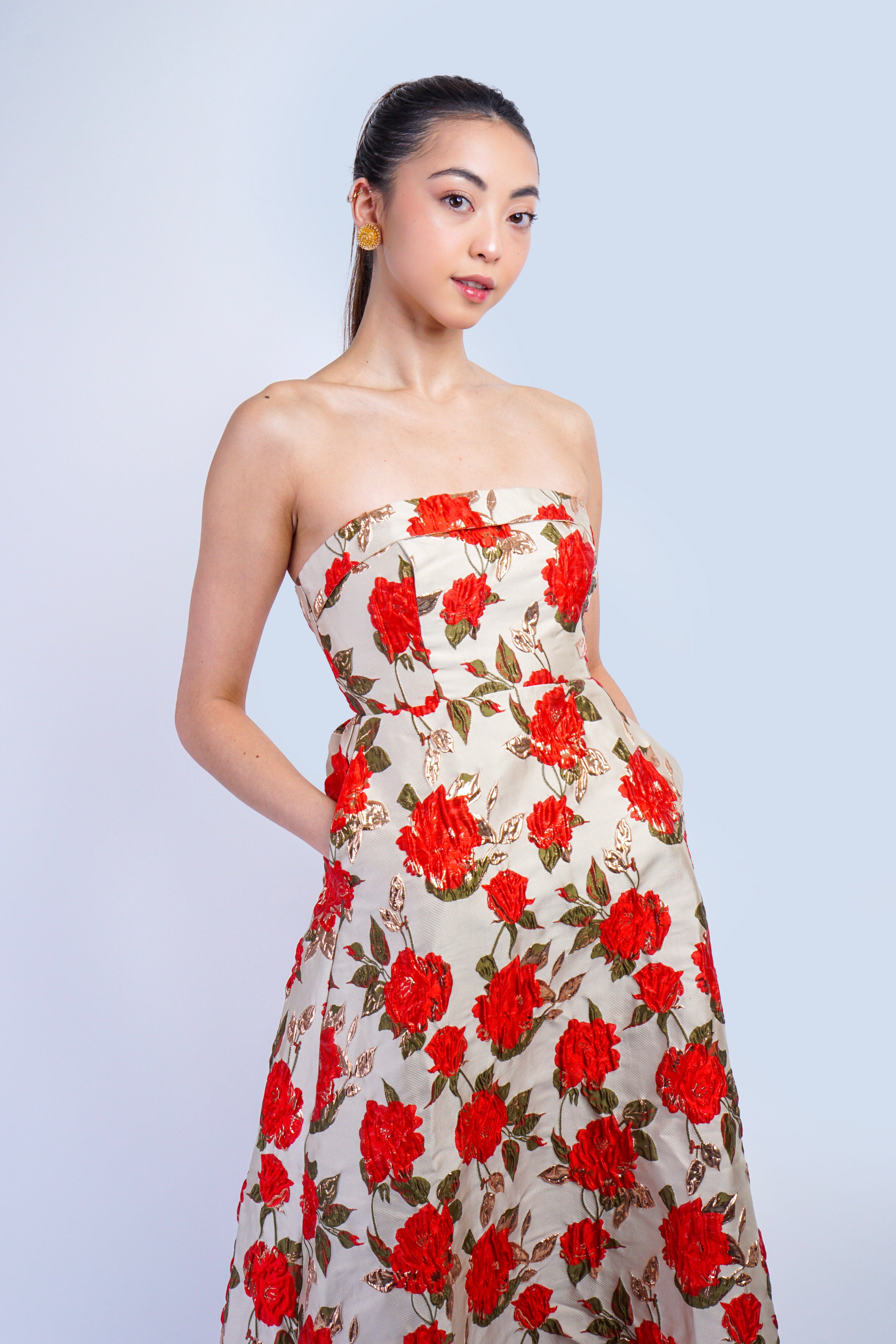 Private Label DRESSES Taupe/Red/Gold Rose Jacquard Tube Midi Dress