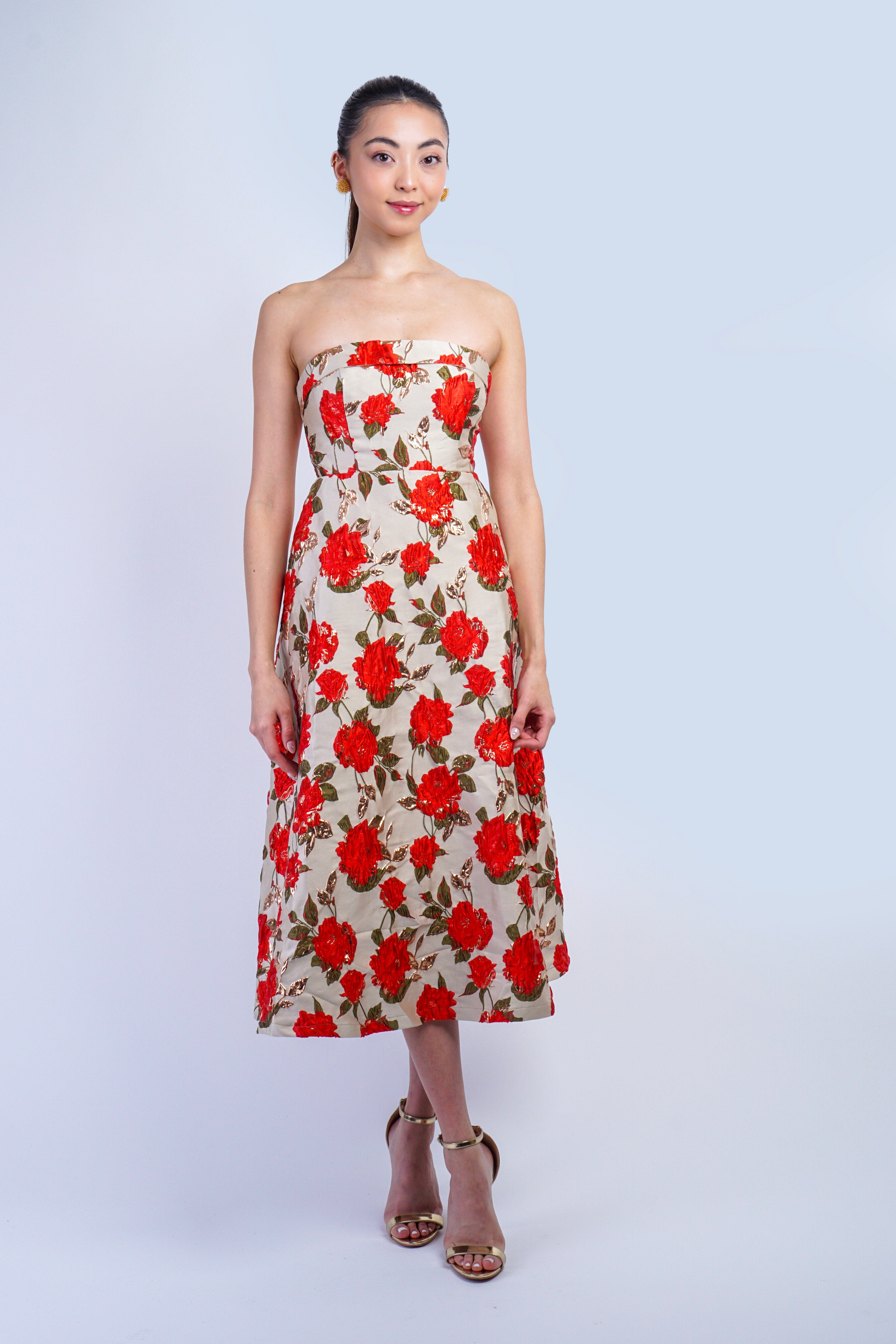 Private Label DRESSES Taupe/Red/Gold Rose Jacquard Tube Midi Dress