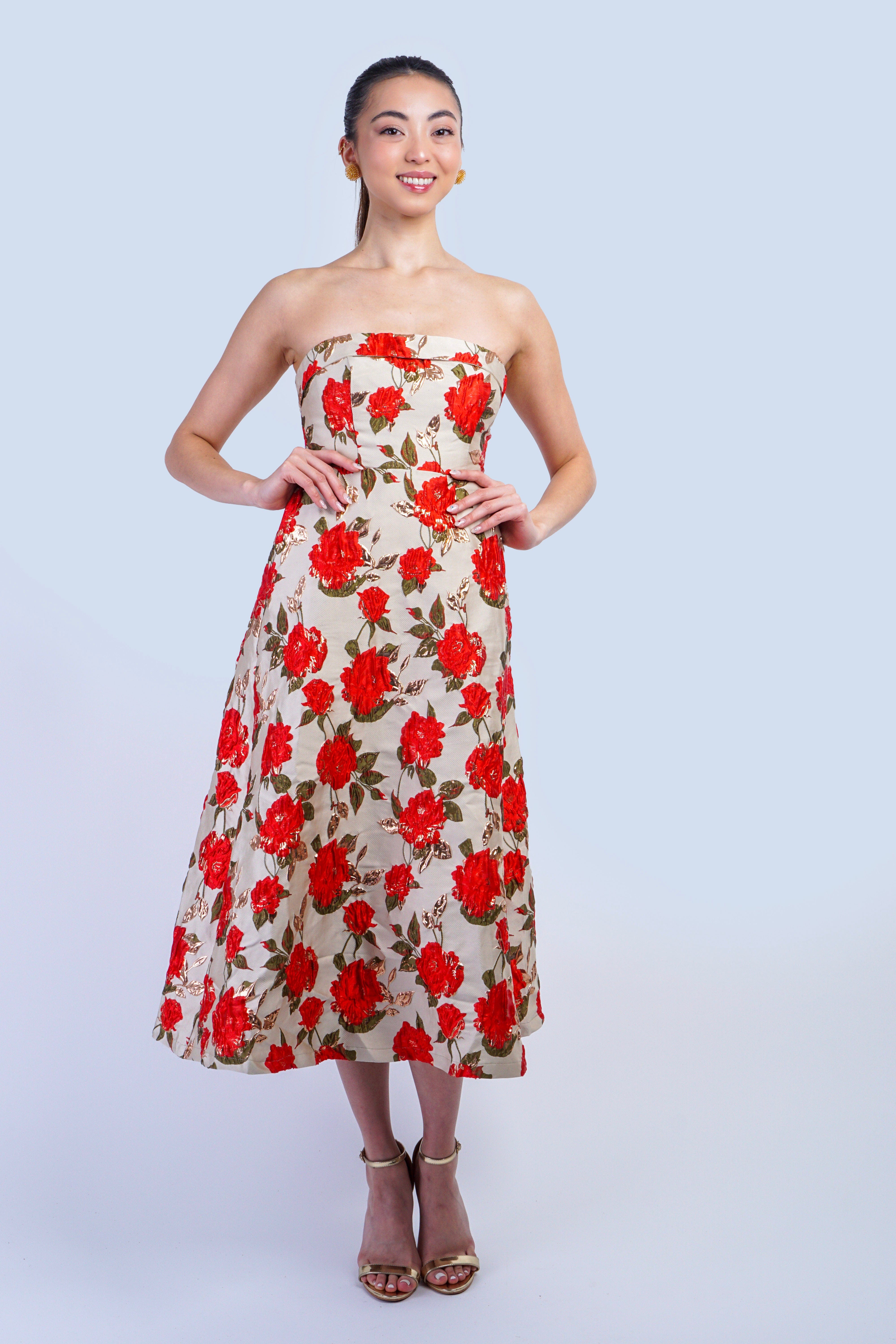 Private Label DRESSES Taupe/Red/Gold Rose Jacquard Tube Midi Dress