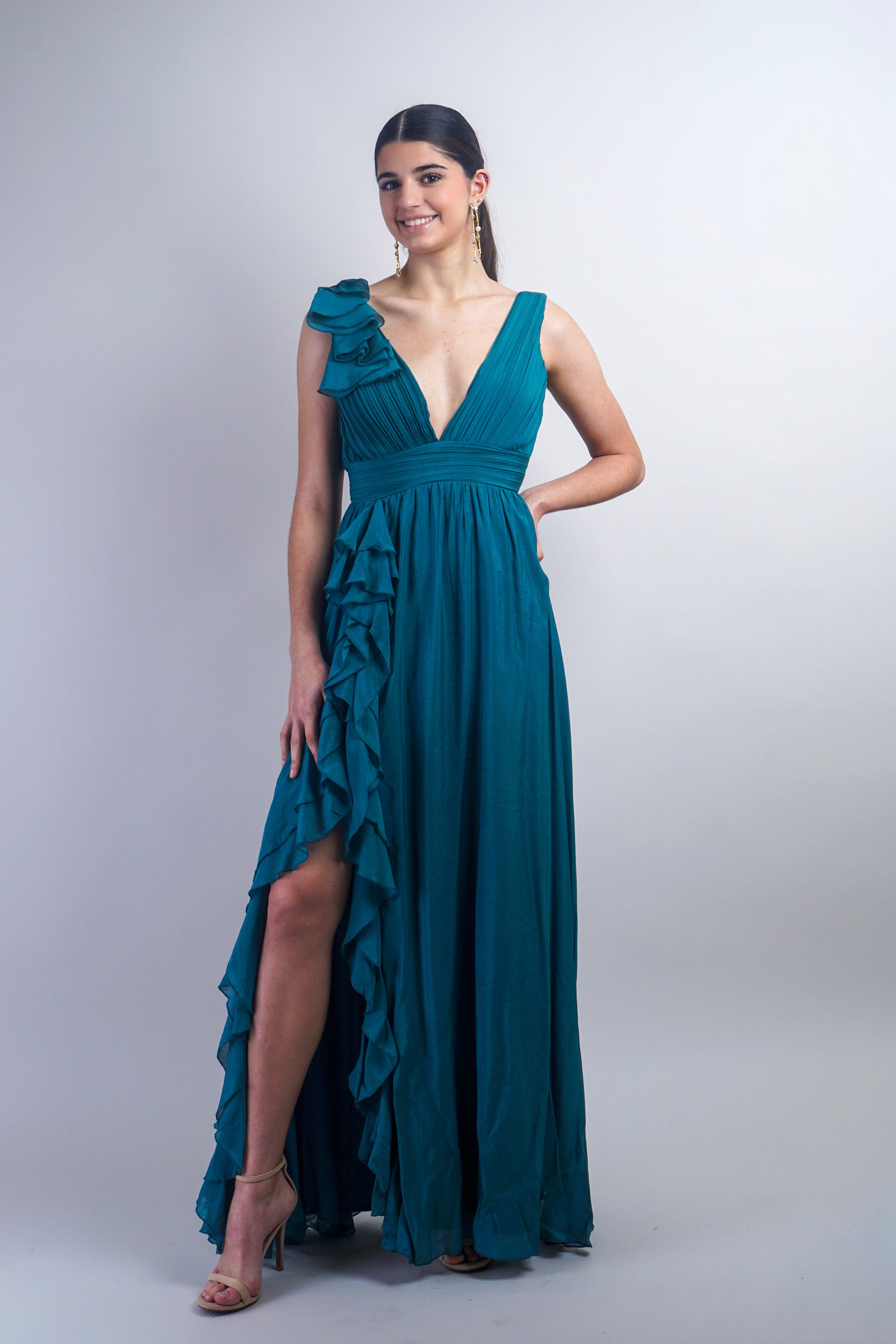 Private Label DRESSES Teal Pleated Ruffle Slit Gown