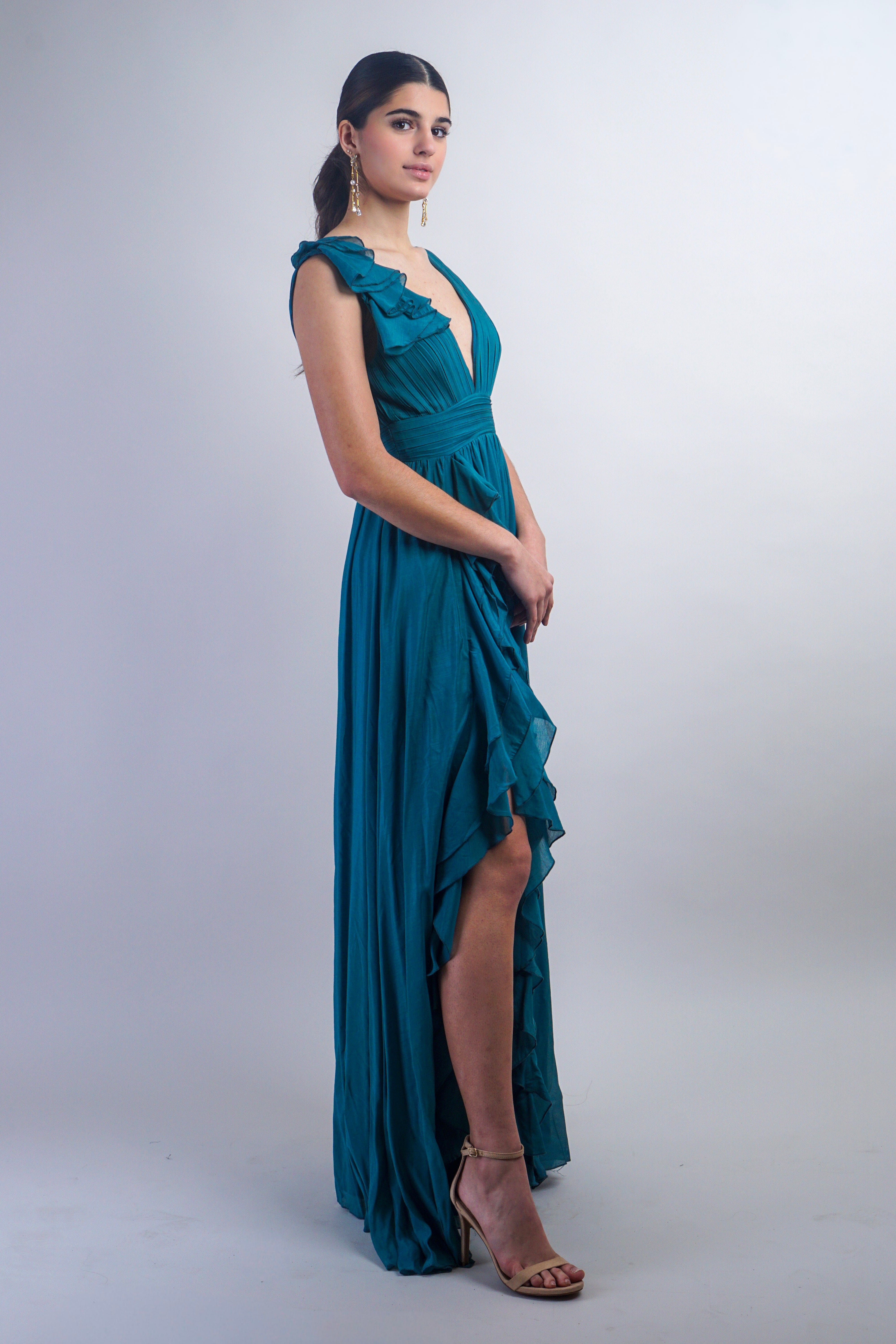 Private Label DRESSES Teal Pleated Ruffle Slit Gown