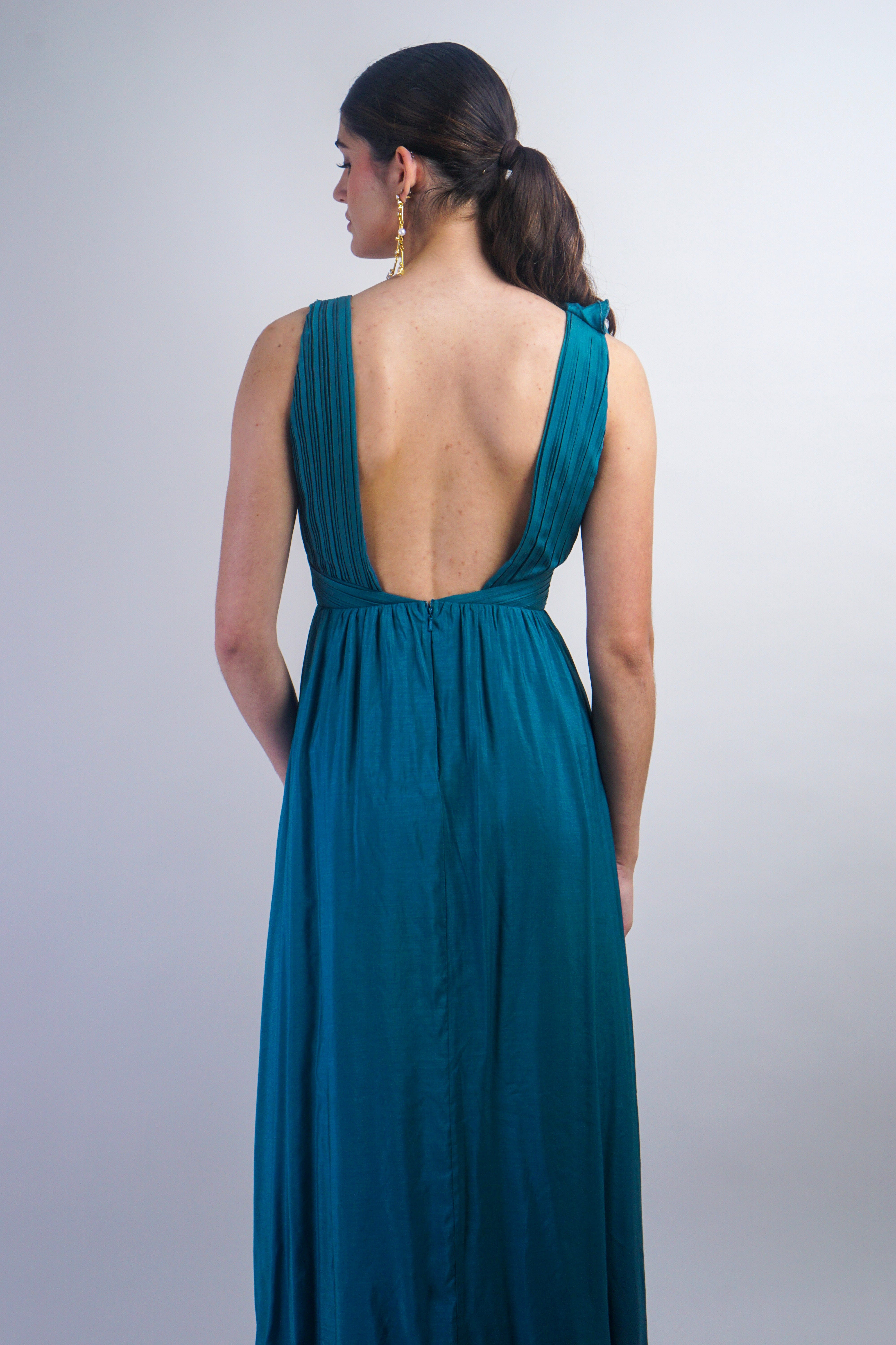 Private Label DRESSES Teal Pleated Ruffle Slit Gown