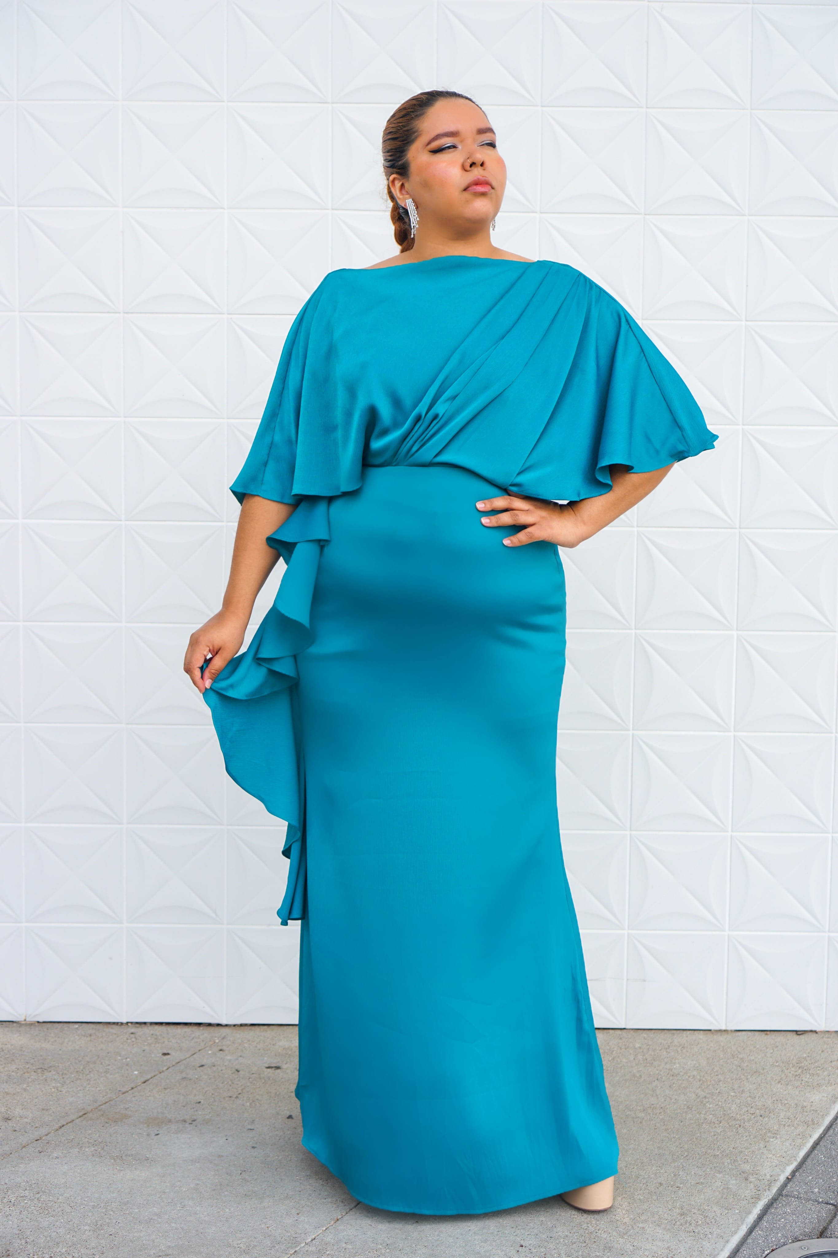 Private Label DRESSES Teal Plus Gown With Sleeve