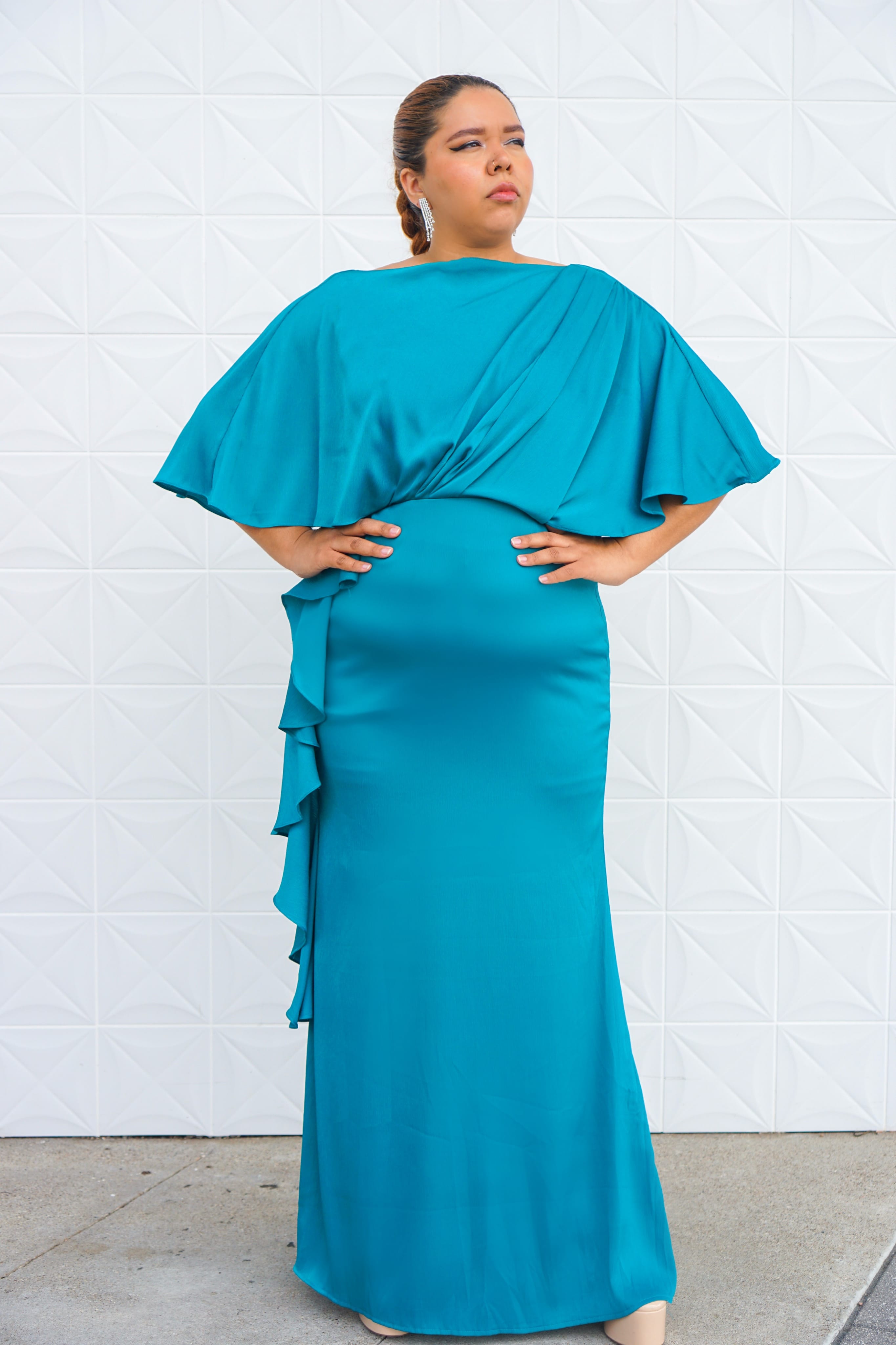 Private Label DRESSES Teal Plus Gown With Sleeve
