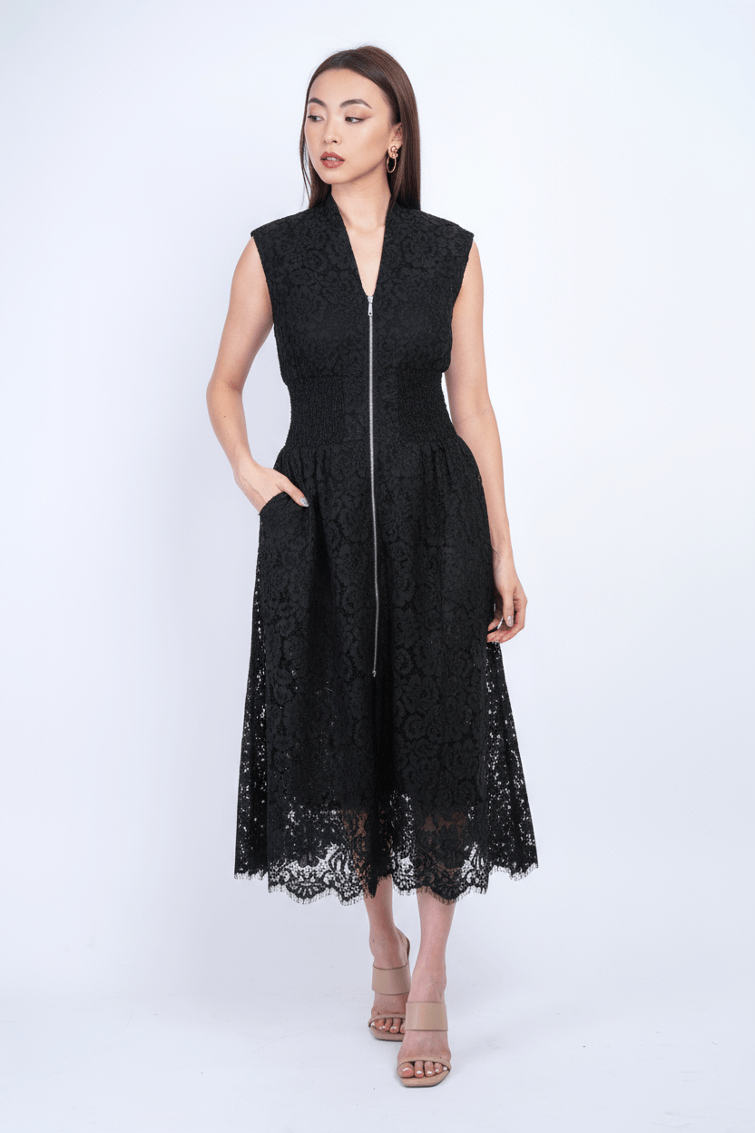 Private Label DRESSES V-Neckline Black  Petal Zip Front Midi Dress