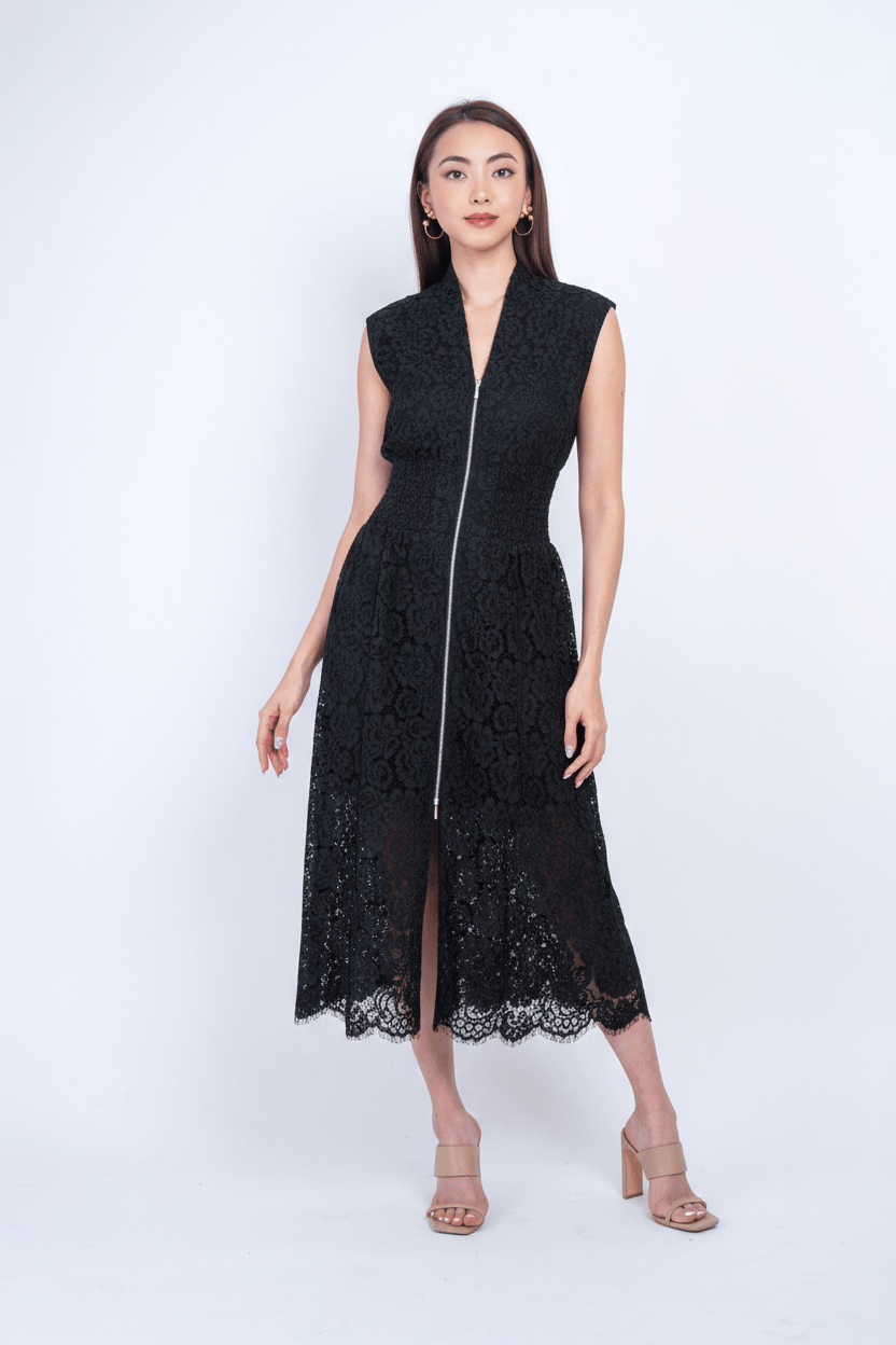 Private Label DRESSES V-Neckline Black  Petal Zip Front Midi Dress