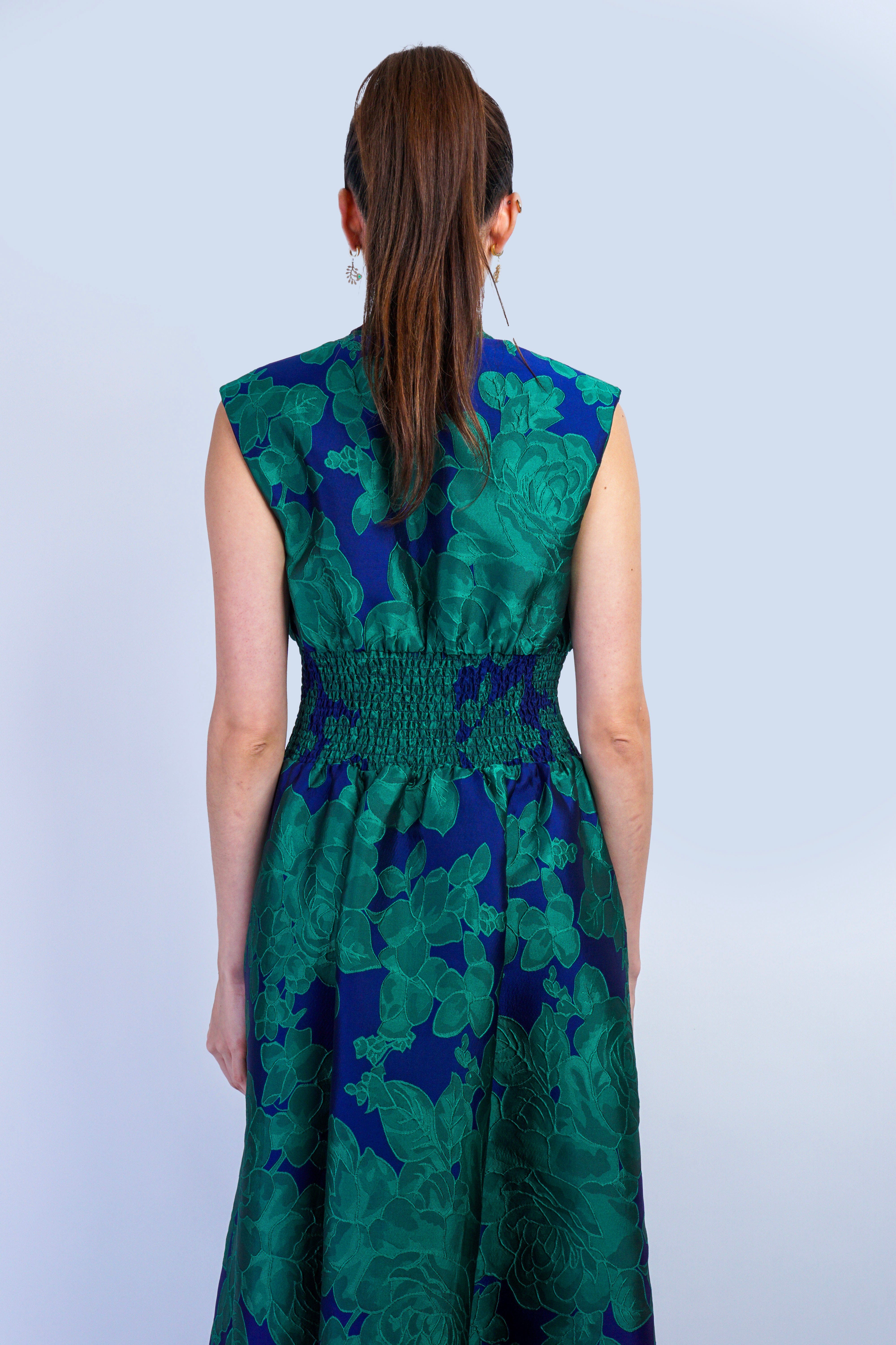 Private Label DRESSES V-Neckline Blue Green Floral Zip Front Midi Dress