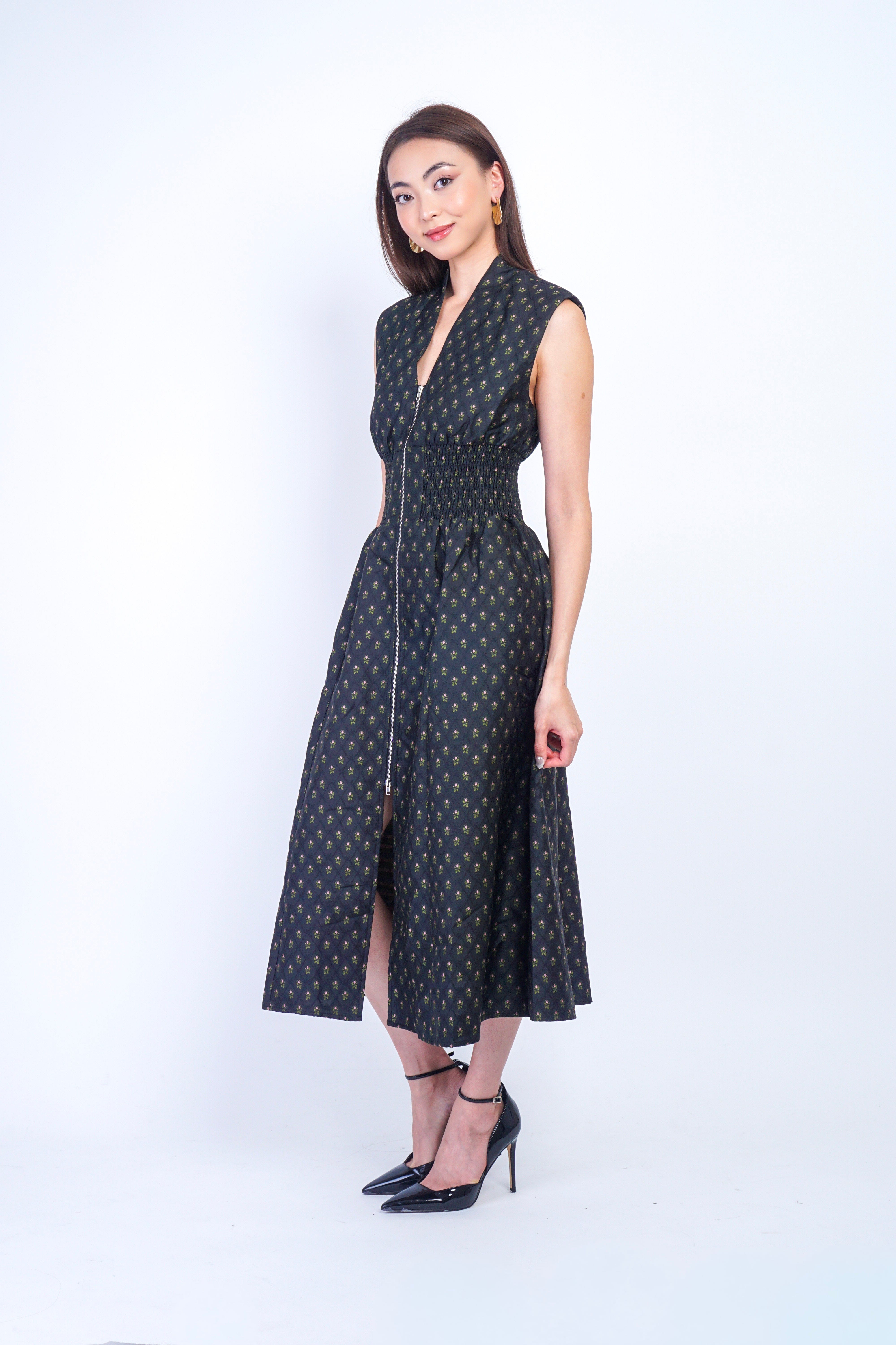 Private Label DRESSES V-Neckline Green Petal zip Front Midi Dress